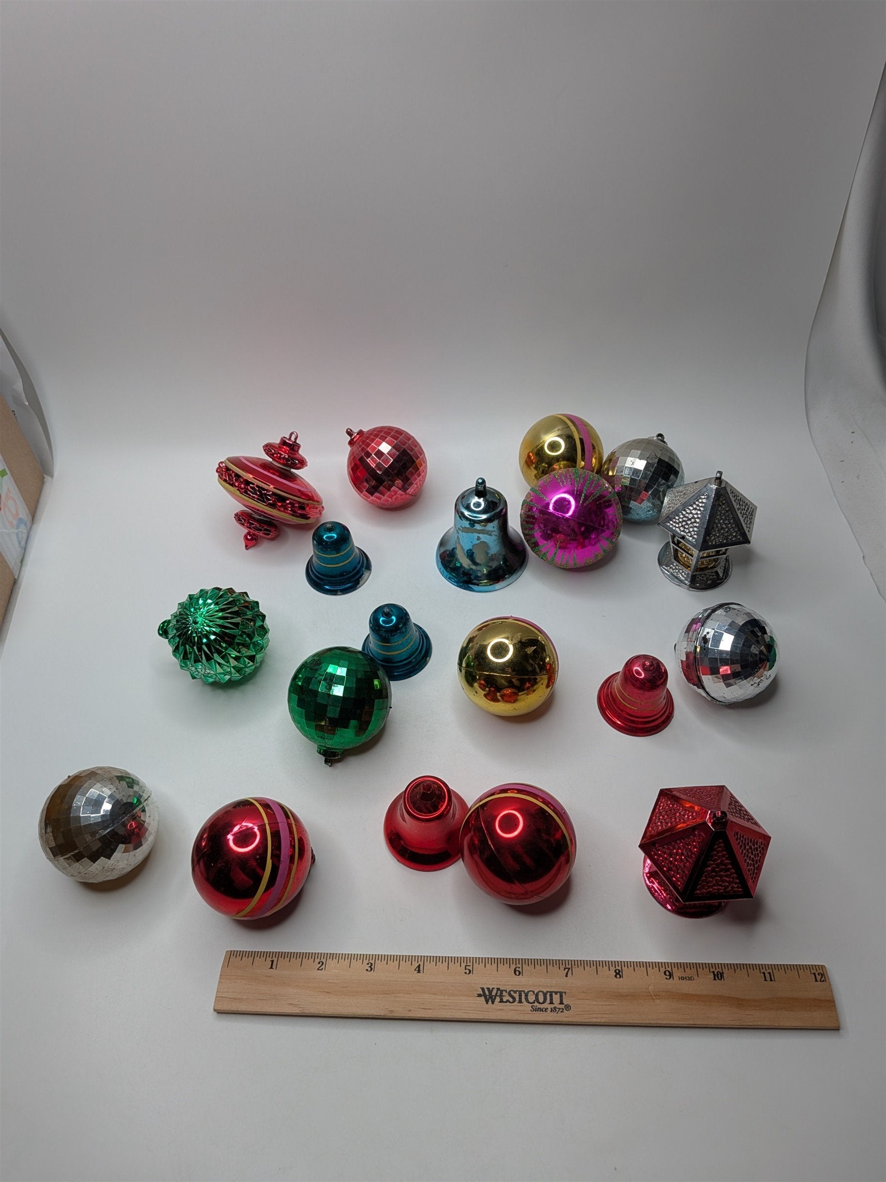 Lot of 19 Vintage Hard Plastic Christmas Tree Ornaments Bells Cage Angel Rings