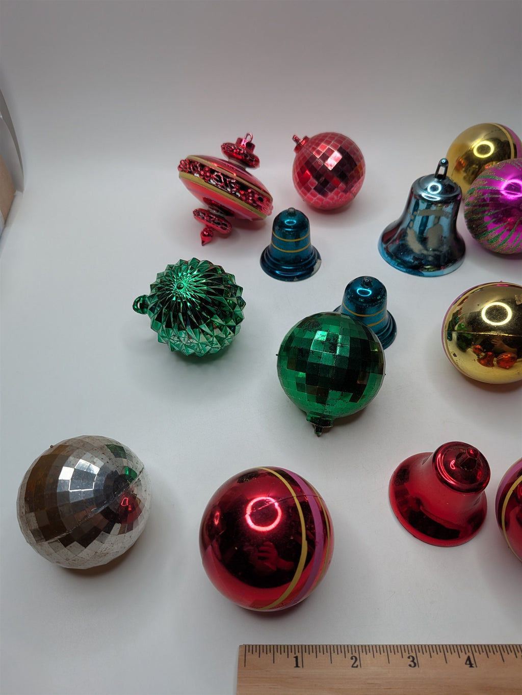 Lot of 19 Vintage Hard Plastic Christmas Tree Ornaments Bells Cage Angel Rings