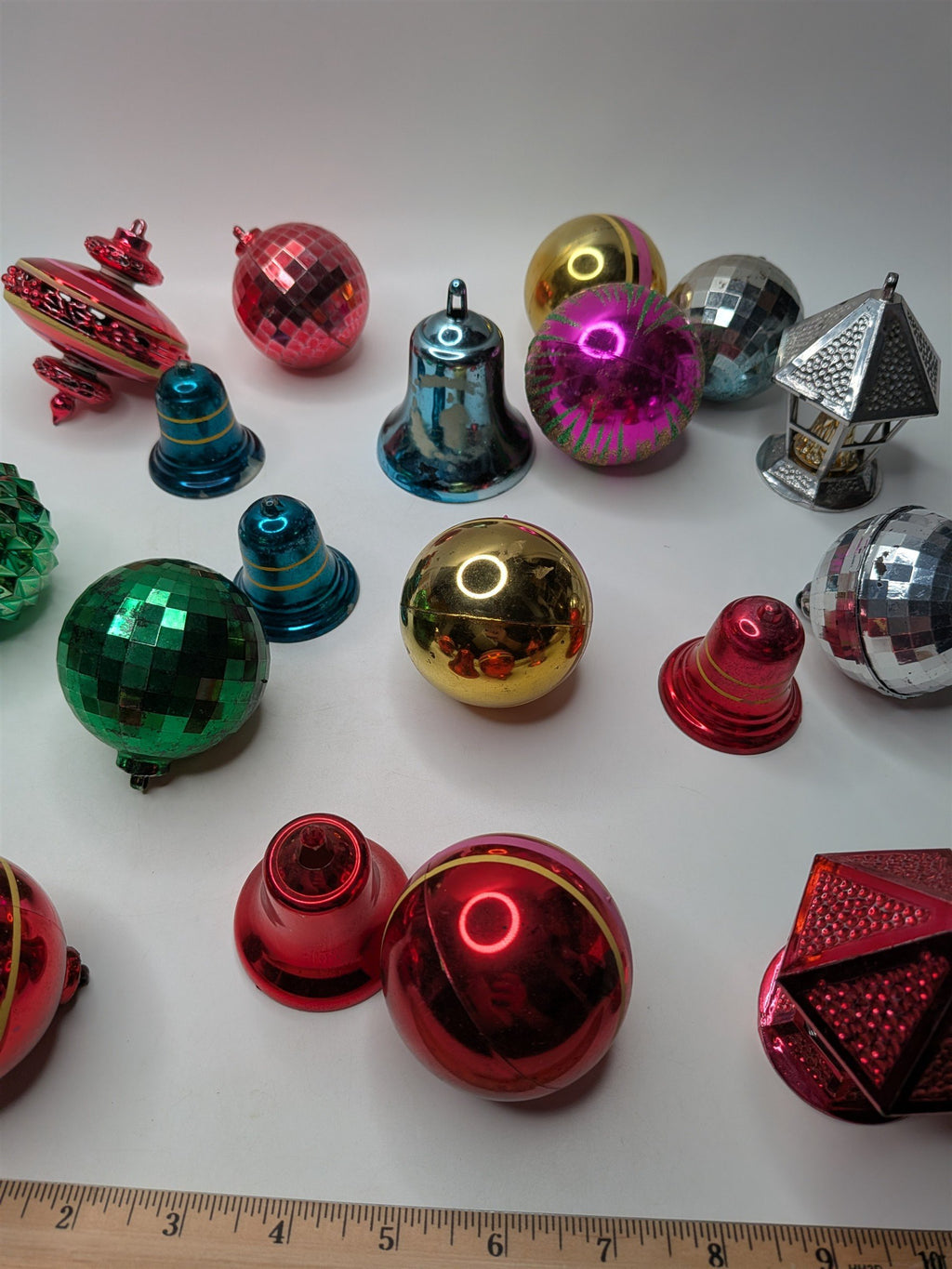 Lot of 19 Vintage Hard Plastic Christmas Tree Ornaments Bells Cage Angel Rings