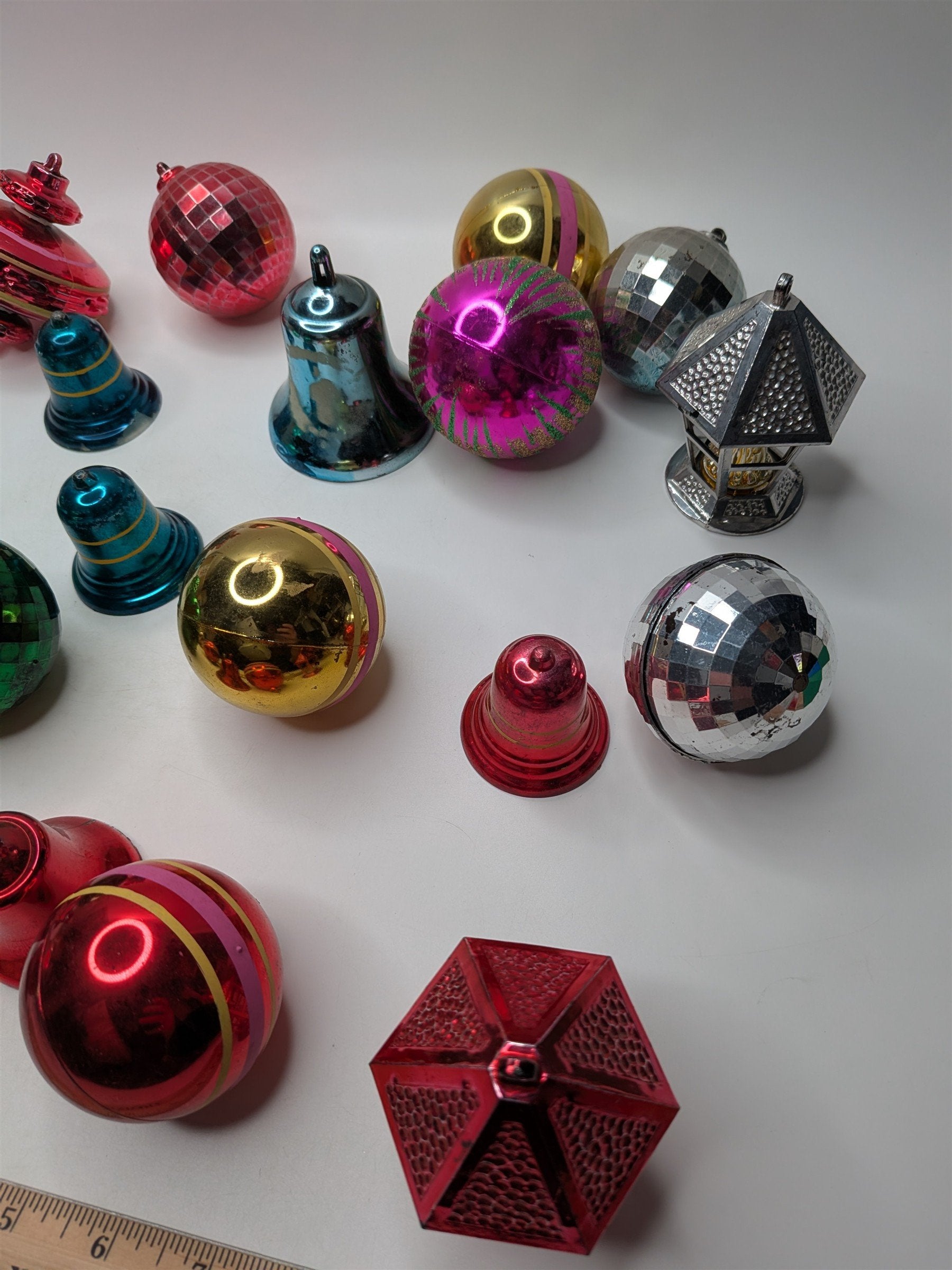 Lot of 19 Vintage Hard Plastic Christmas Tree Ornaments Bells Cage Angel Rings