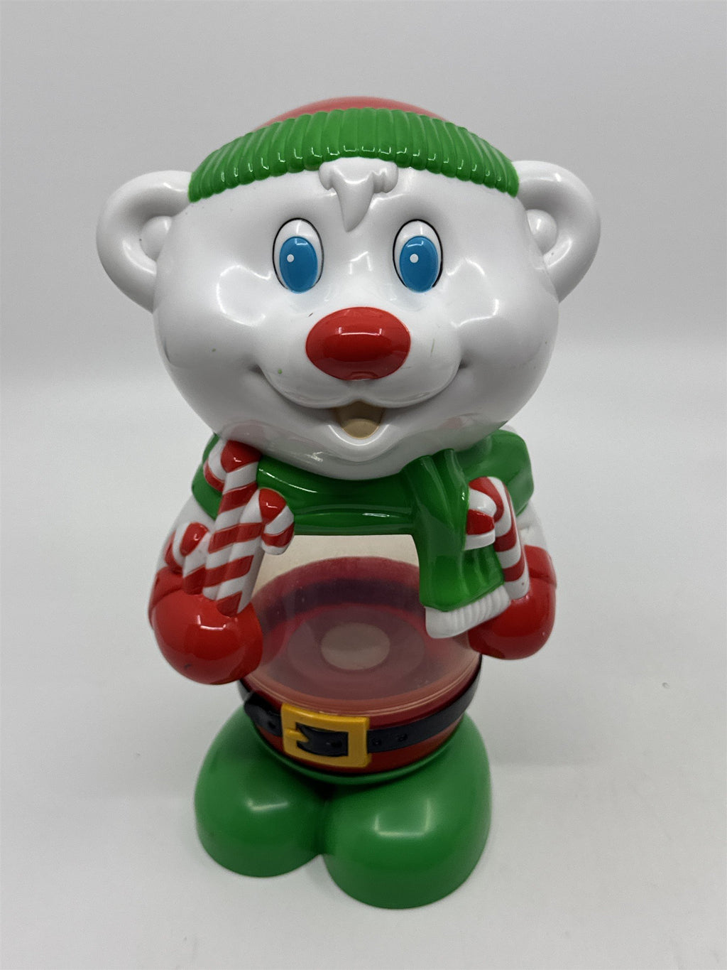Vintage Plastic Christmas Teddy Bear W/ Scarf Red, Green And White Piggy Bank