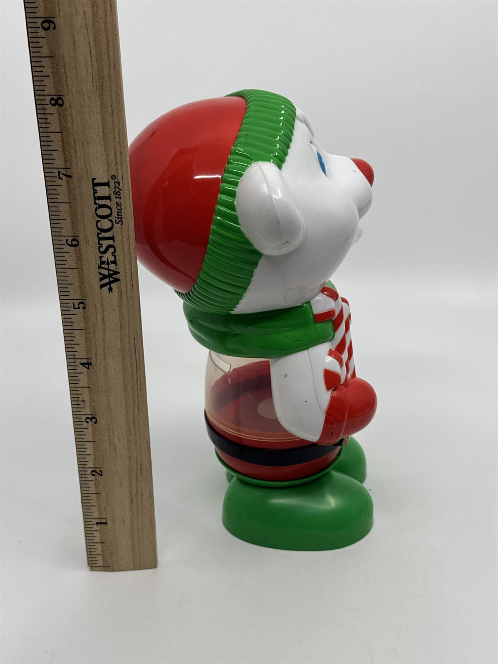 Vintage Plastic Christmas Teddy Bear W/ Scarf Red, Green And White Piggy Bank