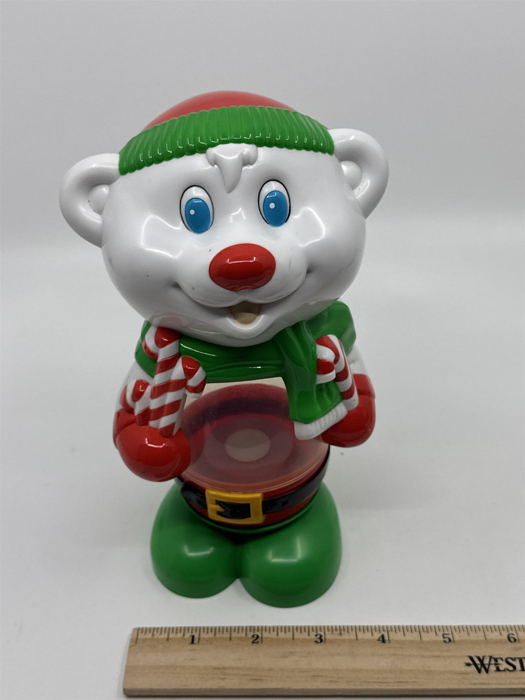 Vintage Plastic Christmas Teddy Bear W/ Scarf Red, Green And White Piggy Bank