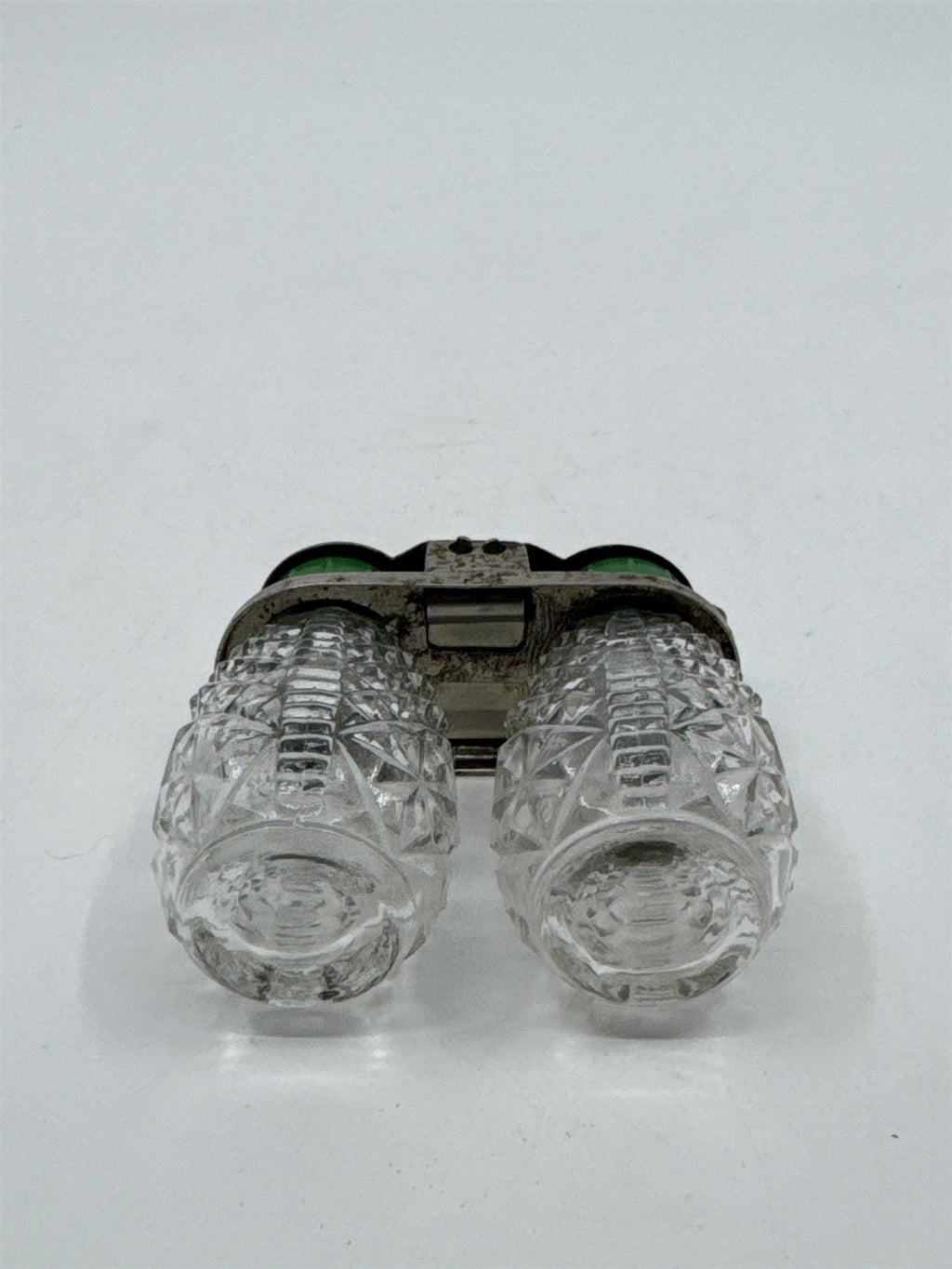 Vintage Bakelite Mini Green Travel Salt And Pepper Shakers Pressed Glass