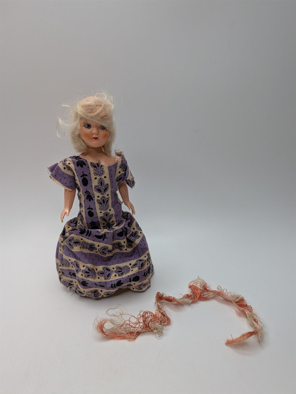 Vintage 7" Doll /w Open & Close Eyes Hard Plastic Purple Floral Dress PMA 1960s