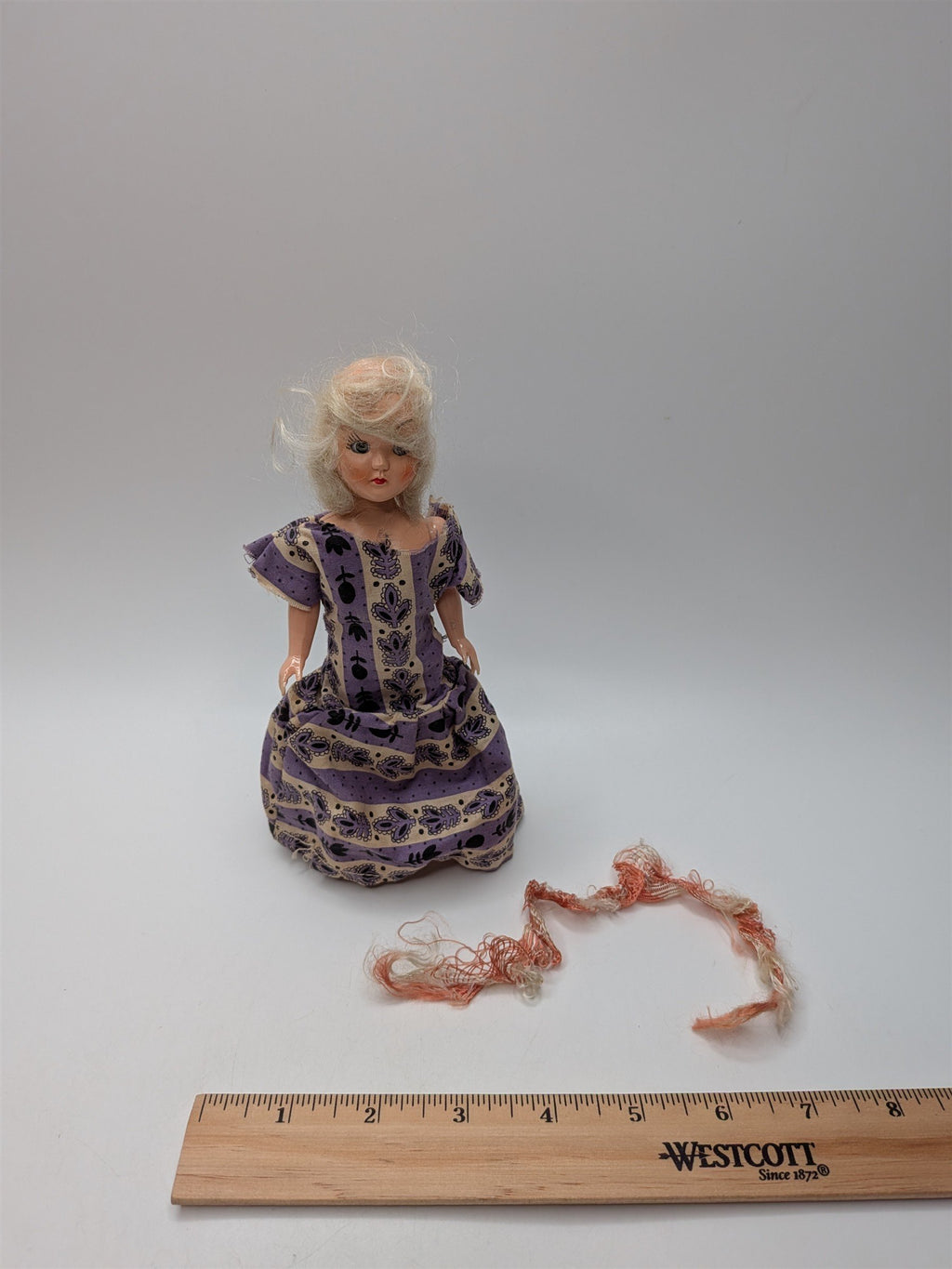 Vintage 7" Doll /w Open & Close Eyes Hard Plastic Purple Floral Dress PMA 1960s