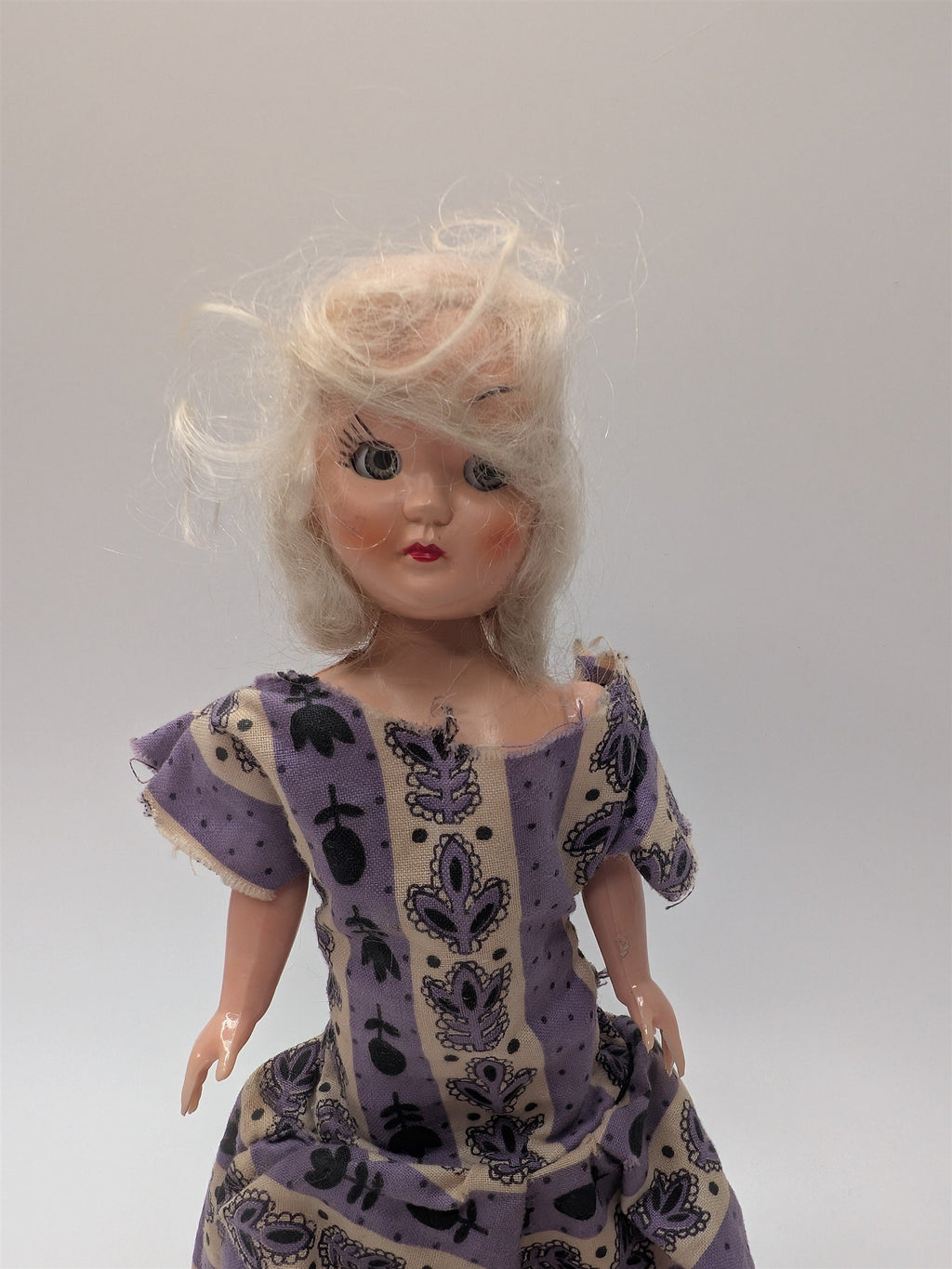 Vintage 7" Doll /w Open & Close Eyes Hard Plastic Purple Floral Dress PMA 1960s