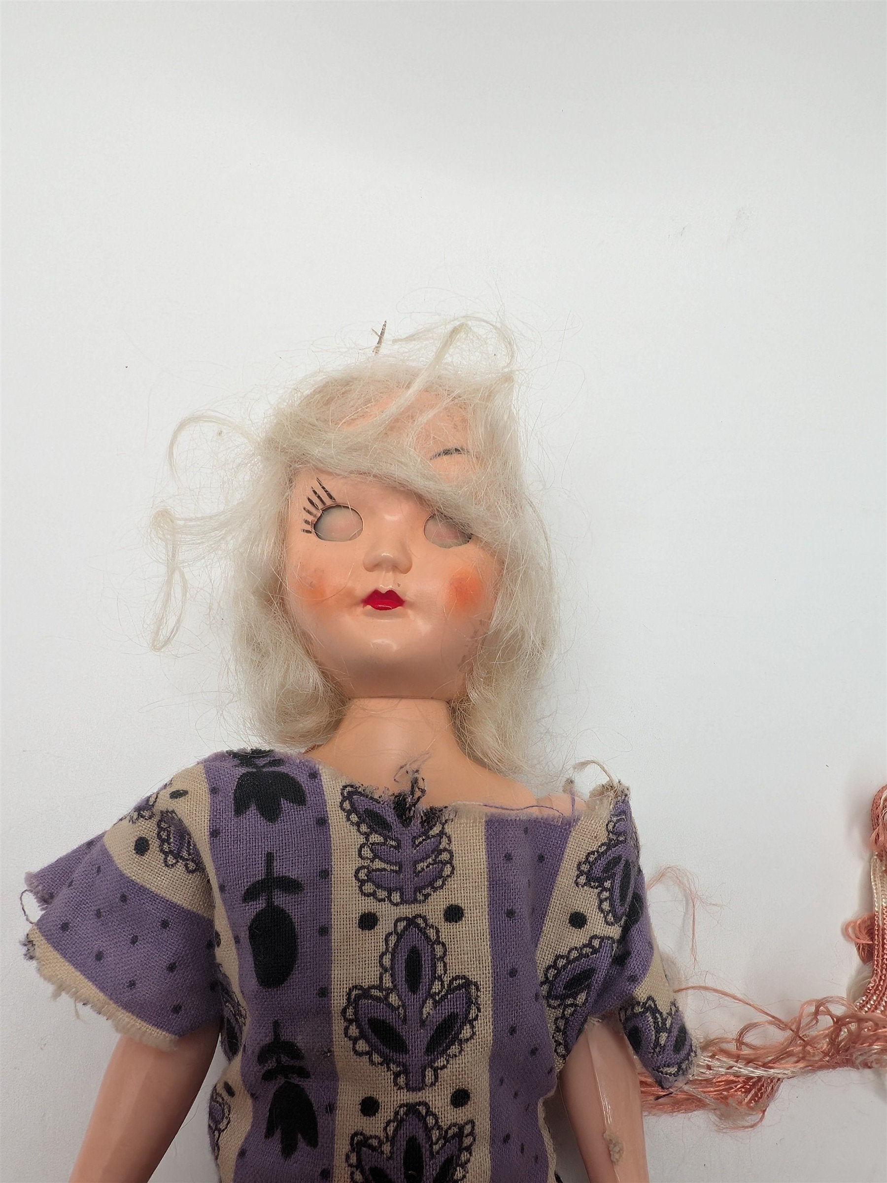 Vintage 7" Doll /w Open & Close Eyes Hard Plastic Purple Floral Dress PMA 1960s