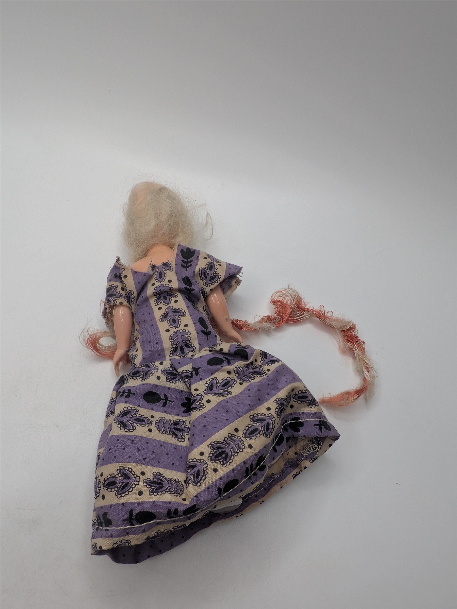 Vintage 7" Doll /w Open & Close Eyes Hard Plastic Purple Floral Dress PMA 1960s