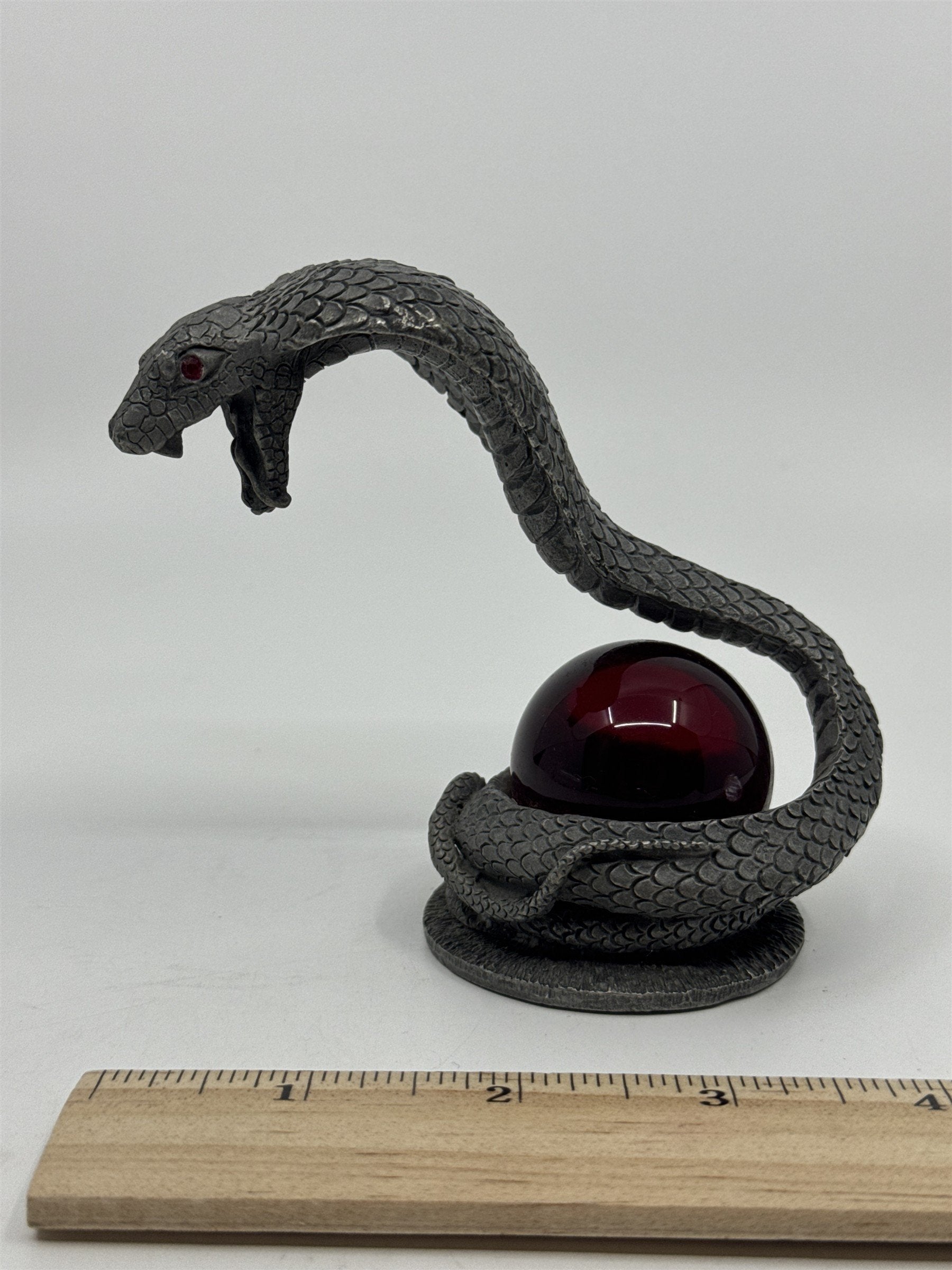 Pewter? Cobra Snake Collectible Statue W/ Red Glass Orb/Jewel