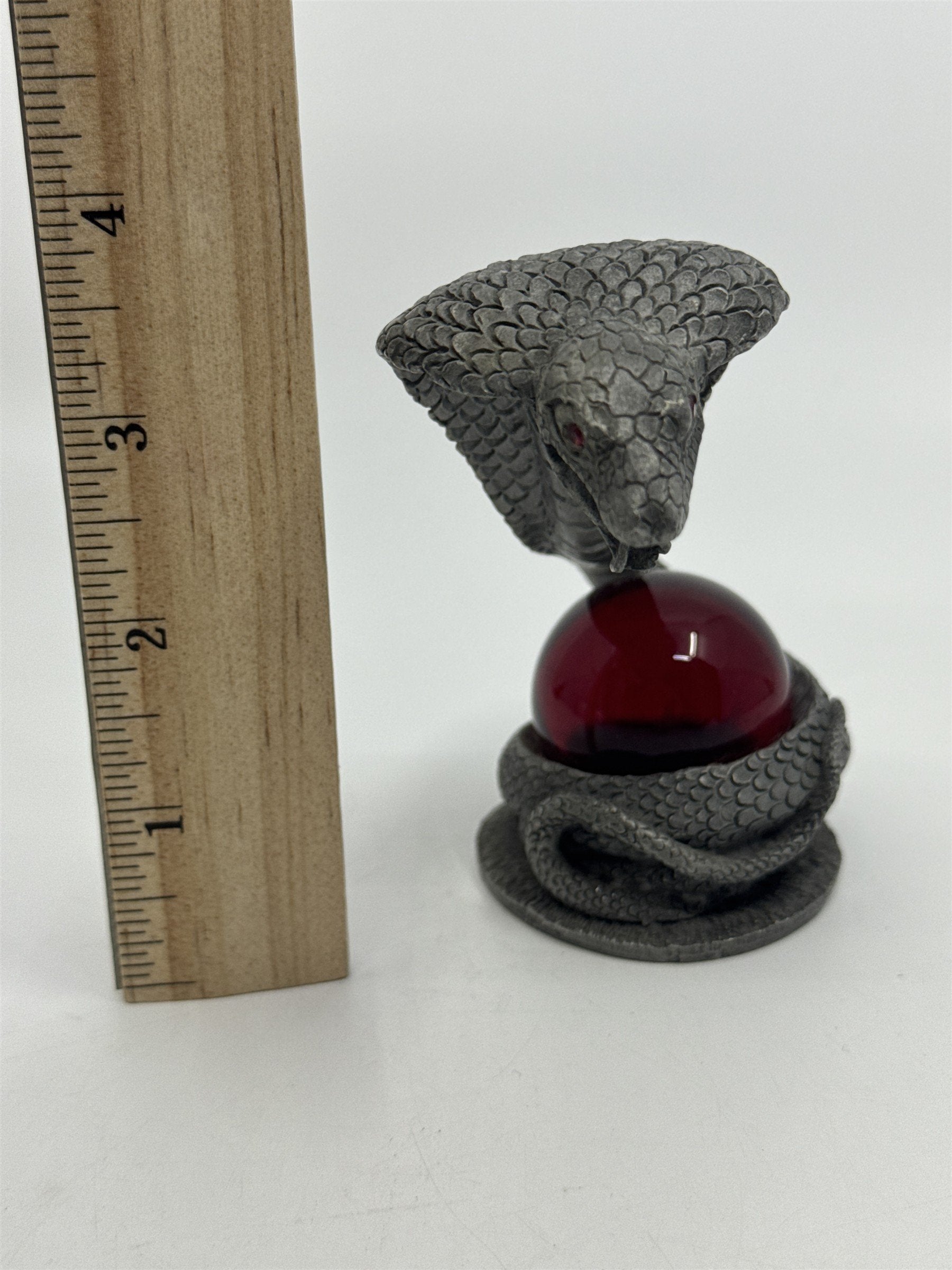 Pewter? Cobra Snake Collectible Statue W/ Red Glass Orb/Jewel