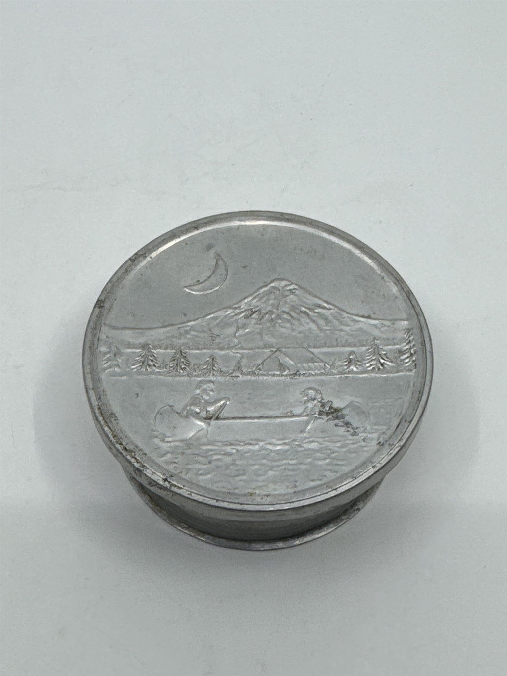 Vintage Aluminum Collapsible Camping Cup W/ Mountain/Canoe Image On Lid