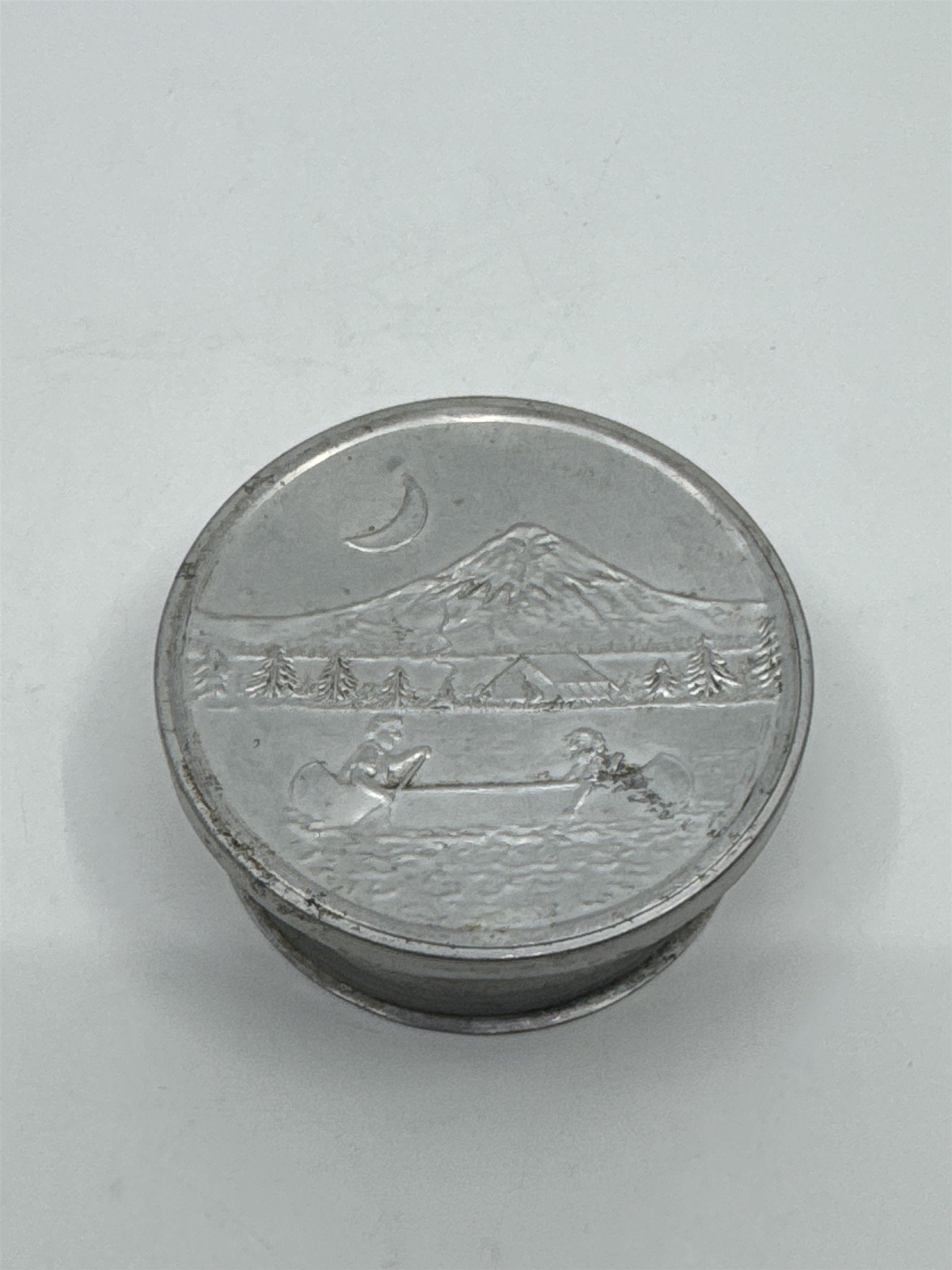 Vintage Aluminum Collapsible Camping Cup W/ Mountain/Canoe Image On Lid
