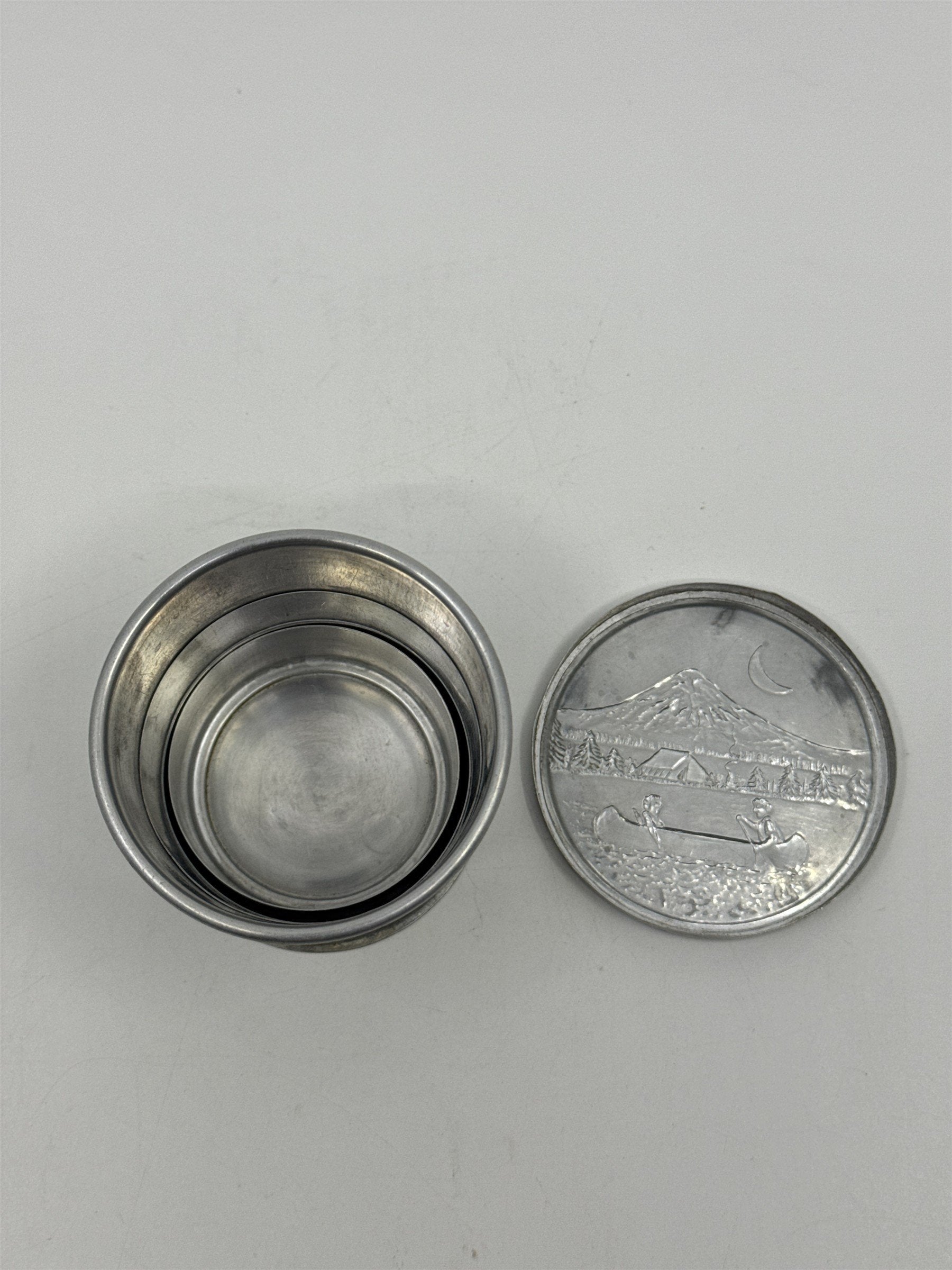 Vintage Aluminum Collapsible Camping Cup W/ Mountain/Canoe Image On Lid