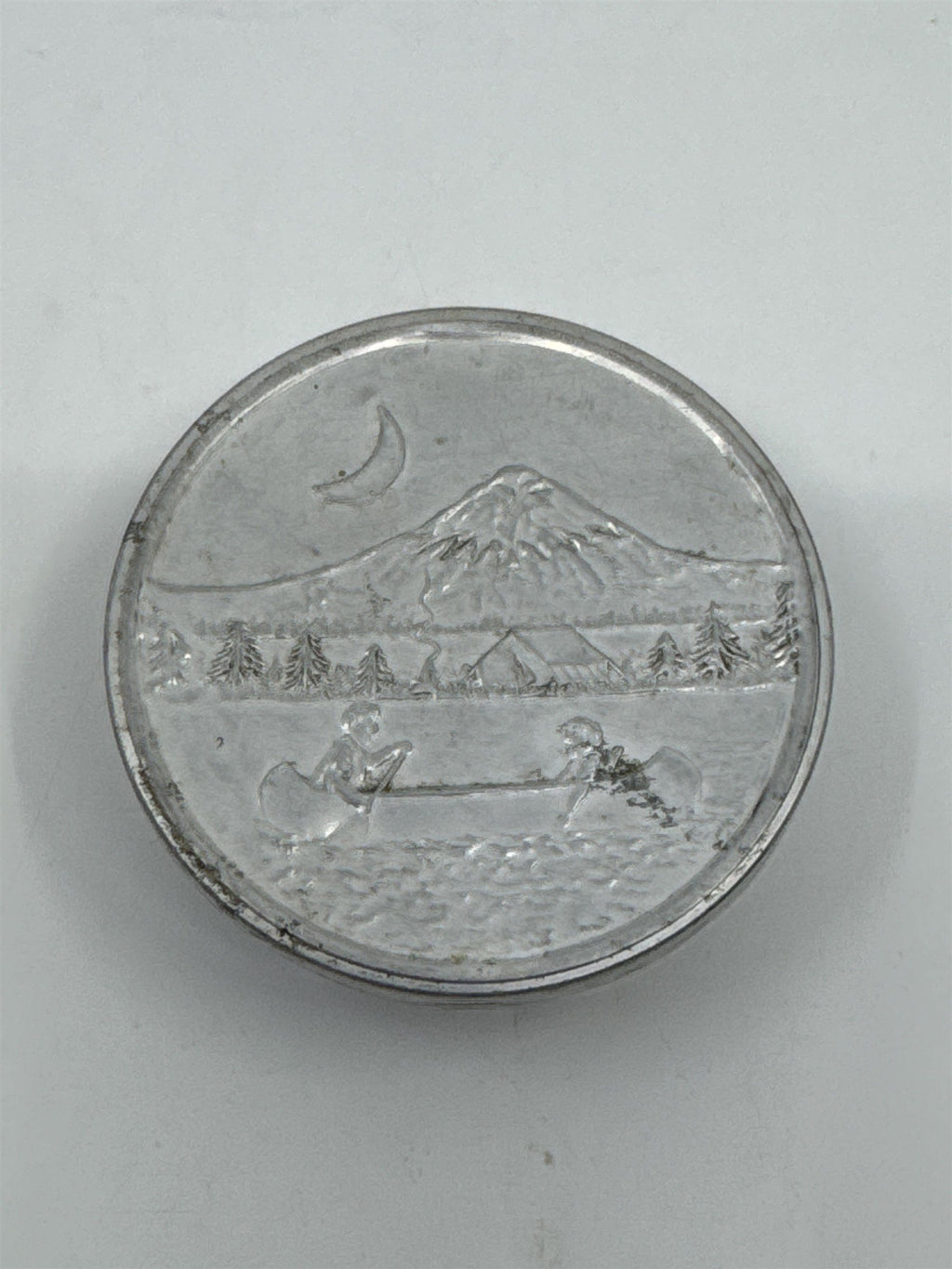 Vintage Aluminum Collapsible Camping Cup W/ Mountain/Canoe Image On Lid