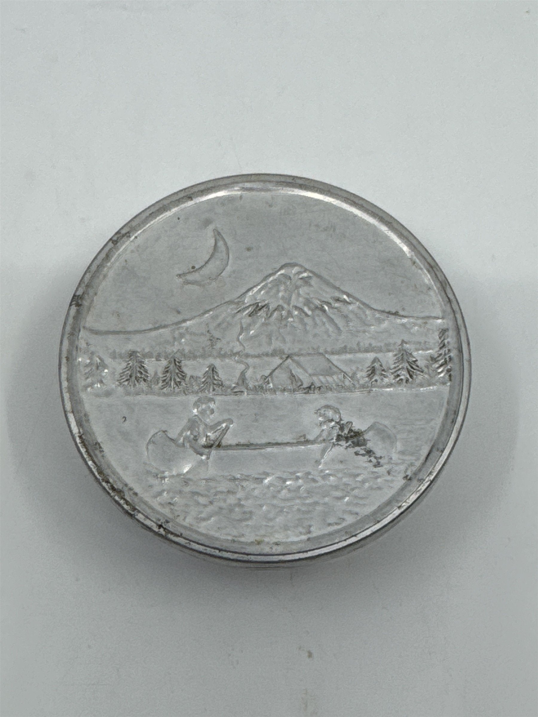 Vintage Aluminum Collapsible Camping Cup W/ Mountain/Canoe Image On Lid