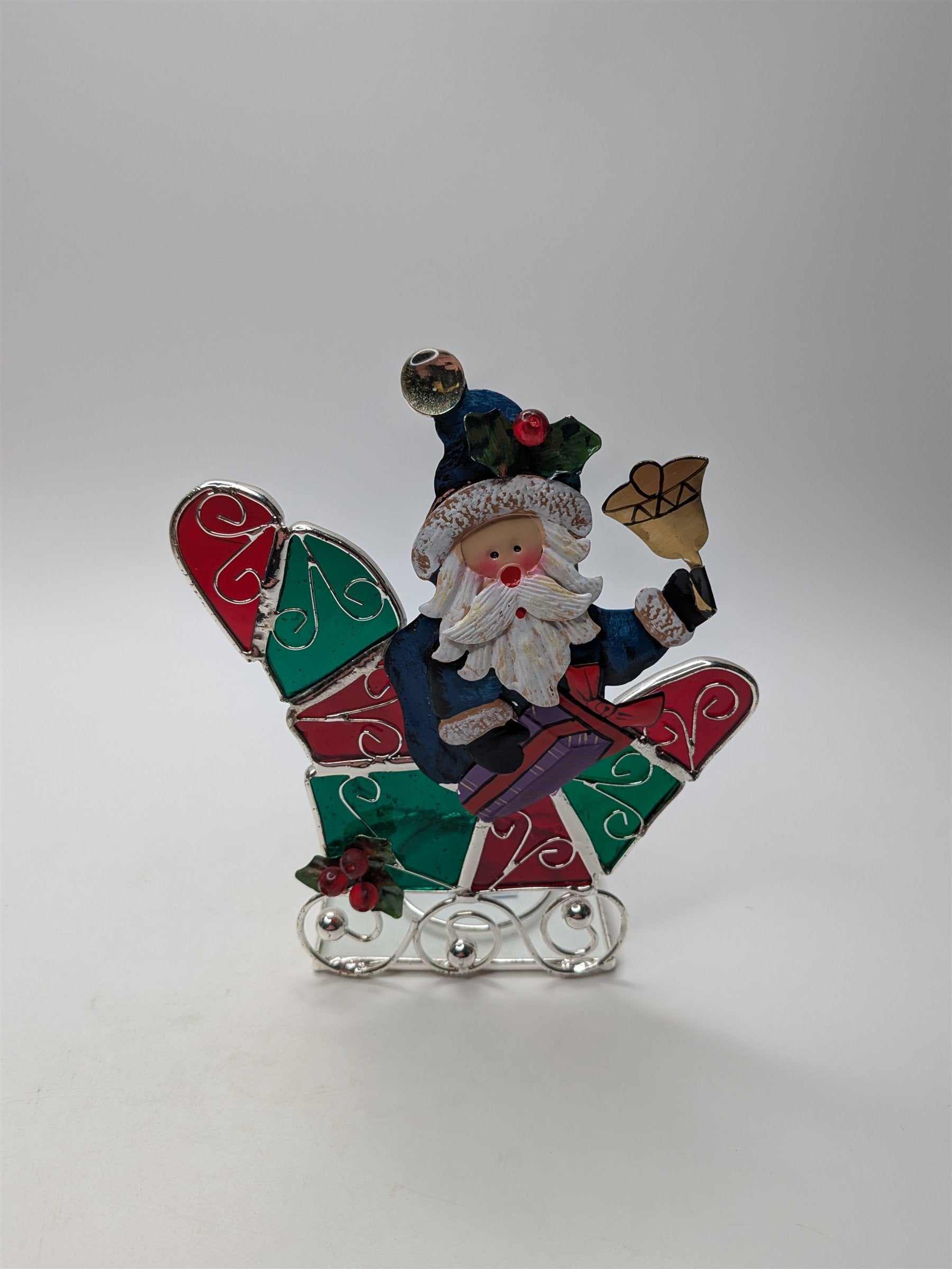 Vintage Stained Glass Santa & Sligh Bell Votive Candle Holder Intl Silver Co