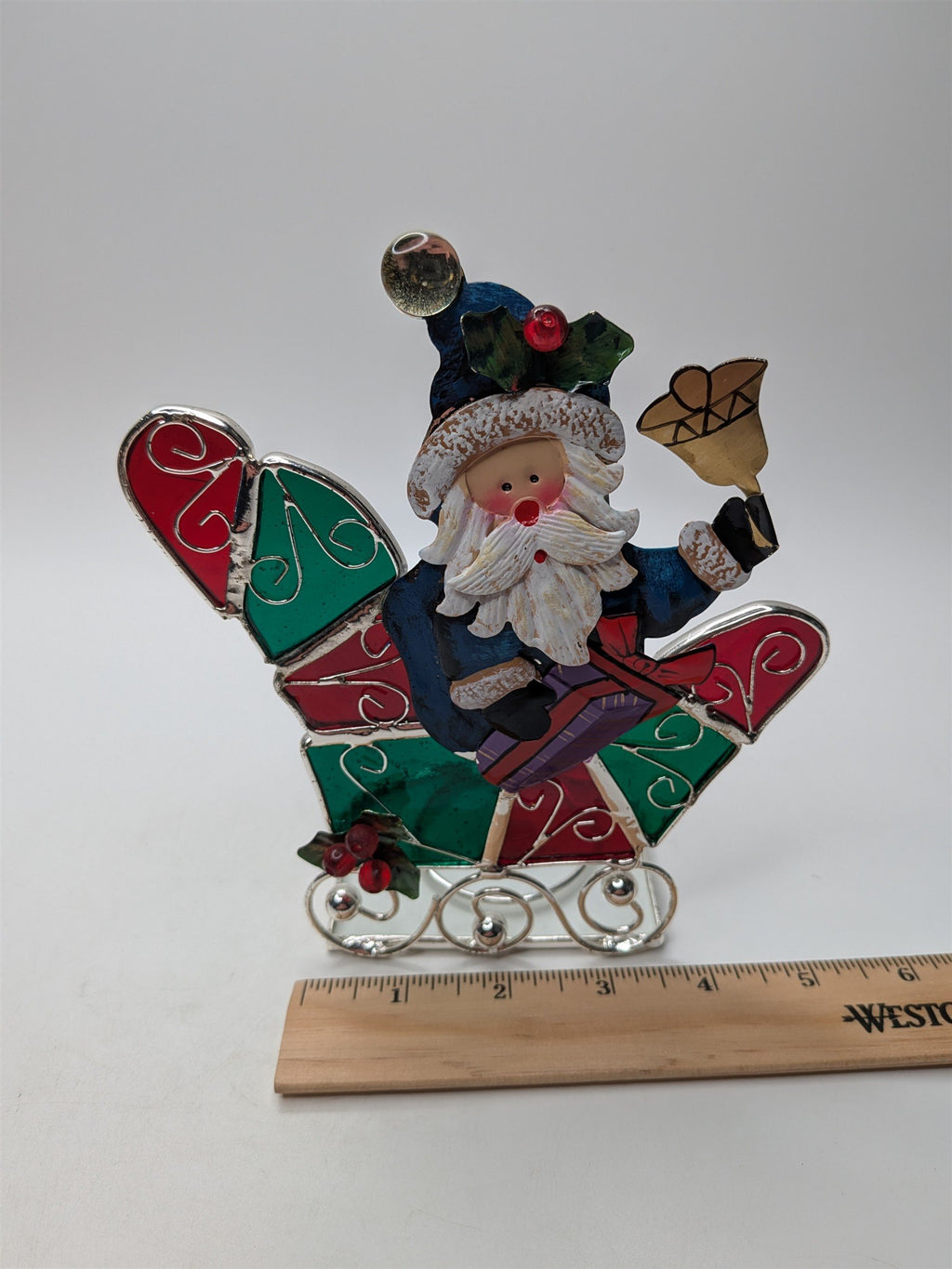 Vintage Stained Glass Santa & Sligh Bell Votive Candle Holder Intl Silver Co