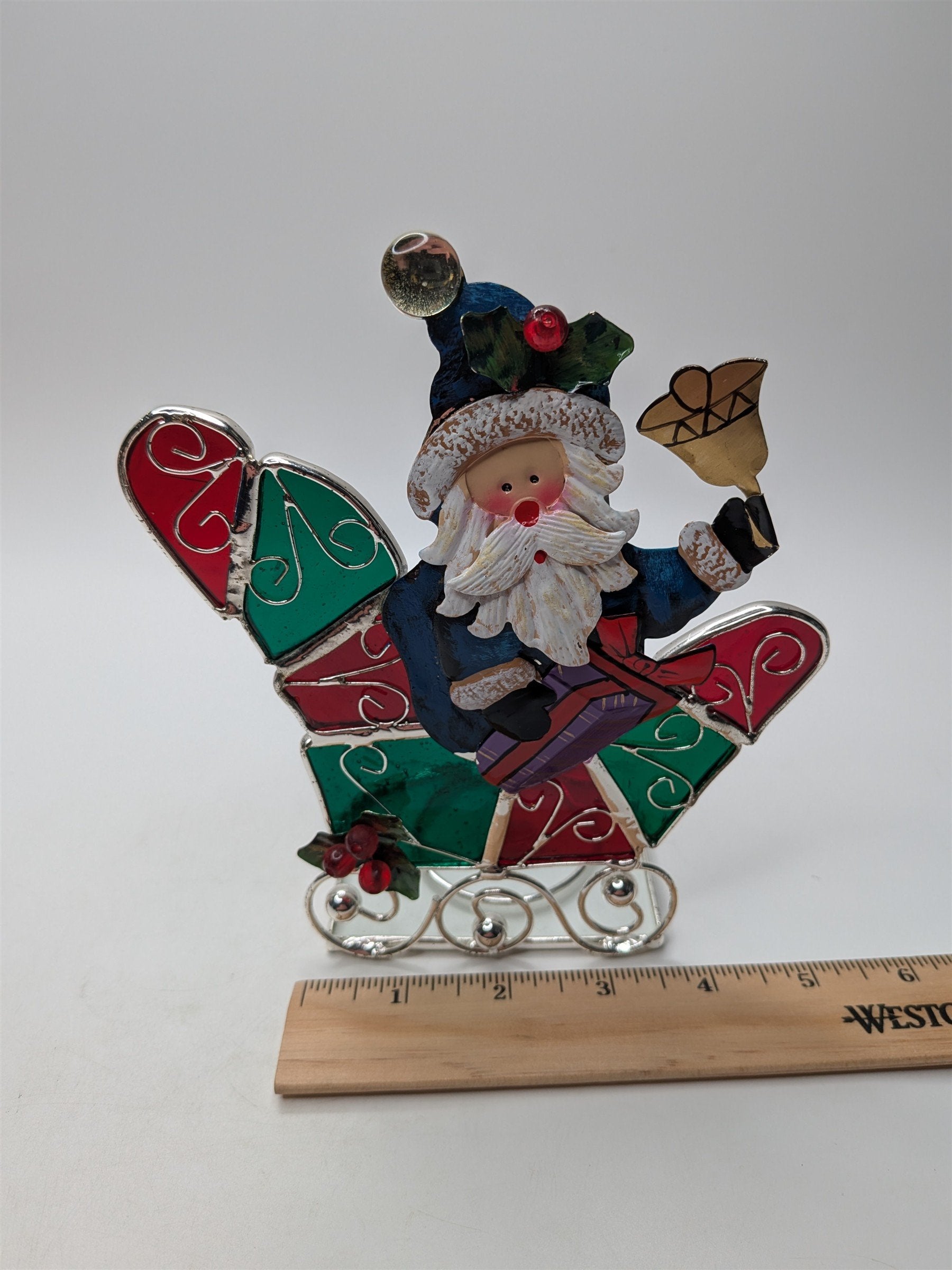 Vintage Stained Glass Santa & Sligh Bell Votive Candle Holder Intl Silver Co