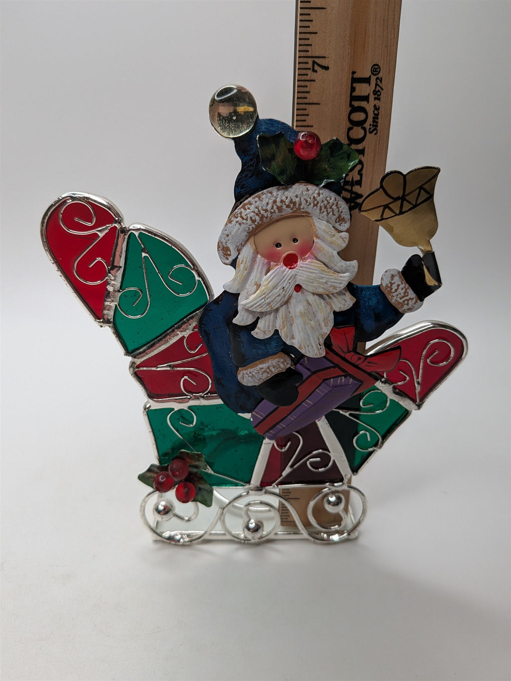 Vintage Stained Glass Santa & Sligh Bell Votive Candle Holder Intl Silver Co