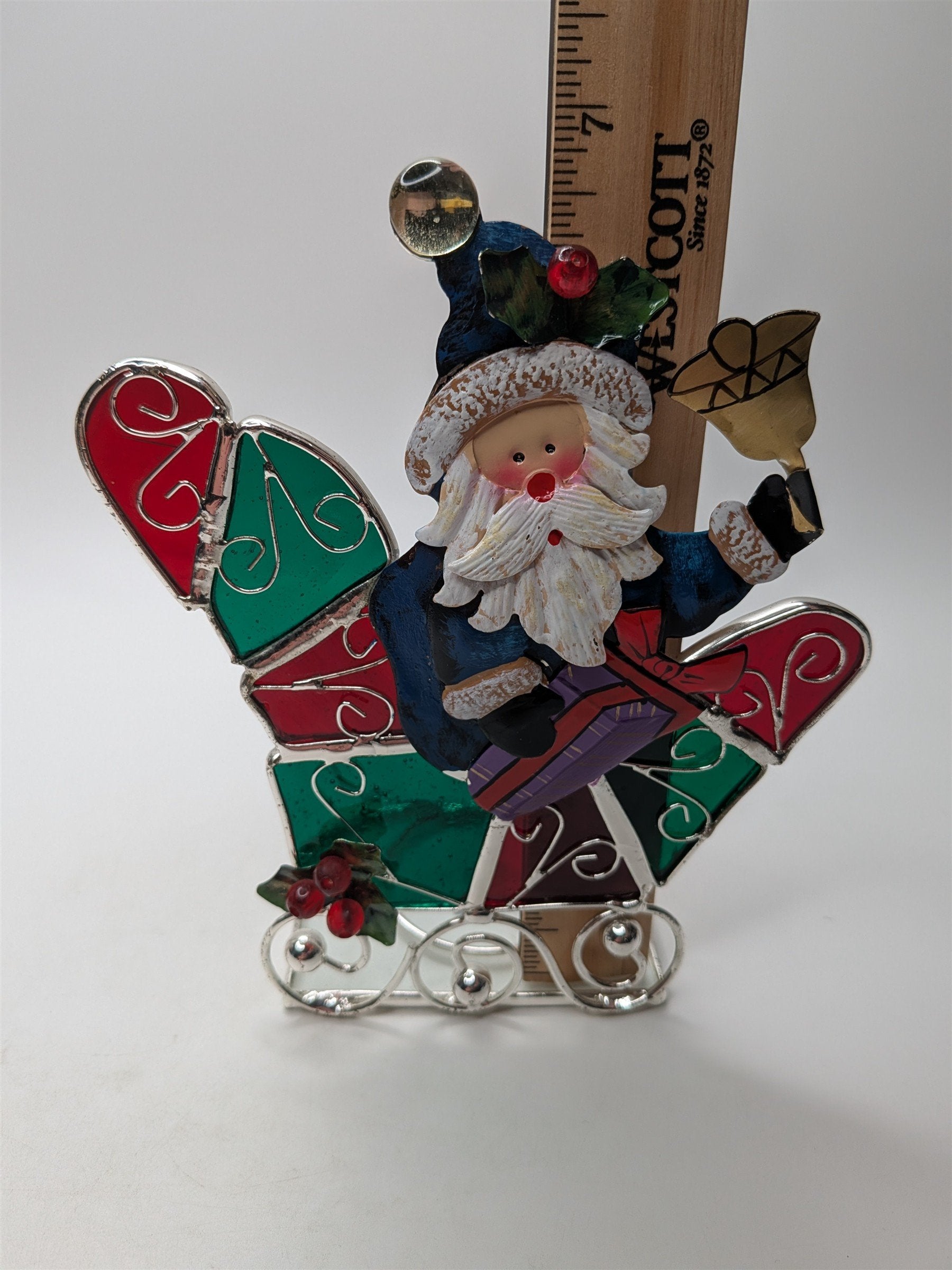 Vintage Stained Glass Santa & Sligh Bell Votive Candle Holder Intl Silver Co