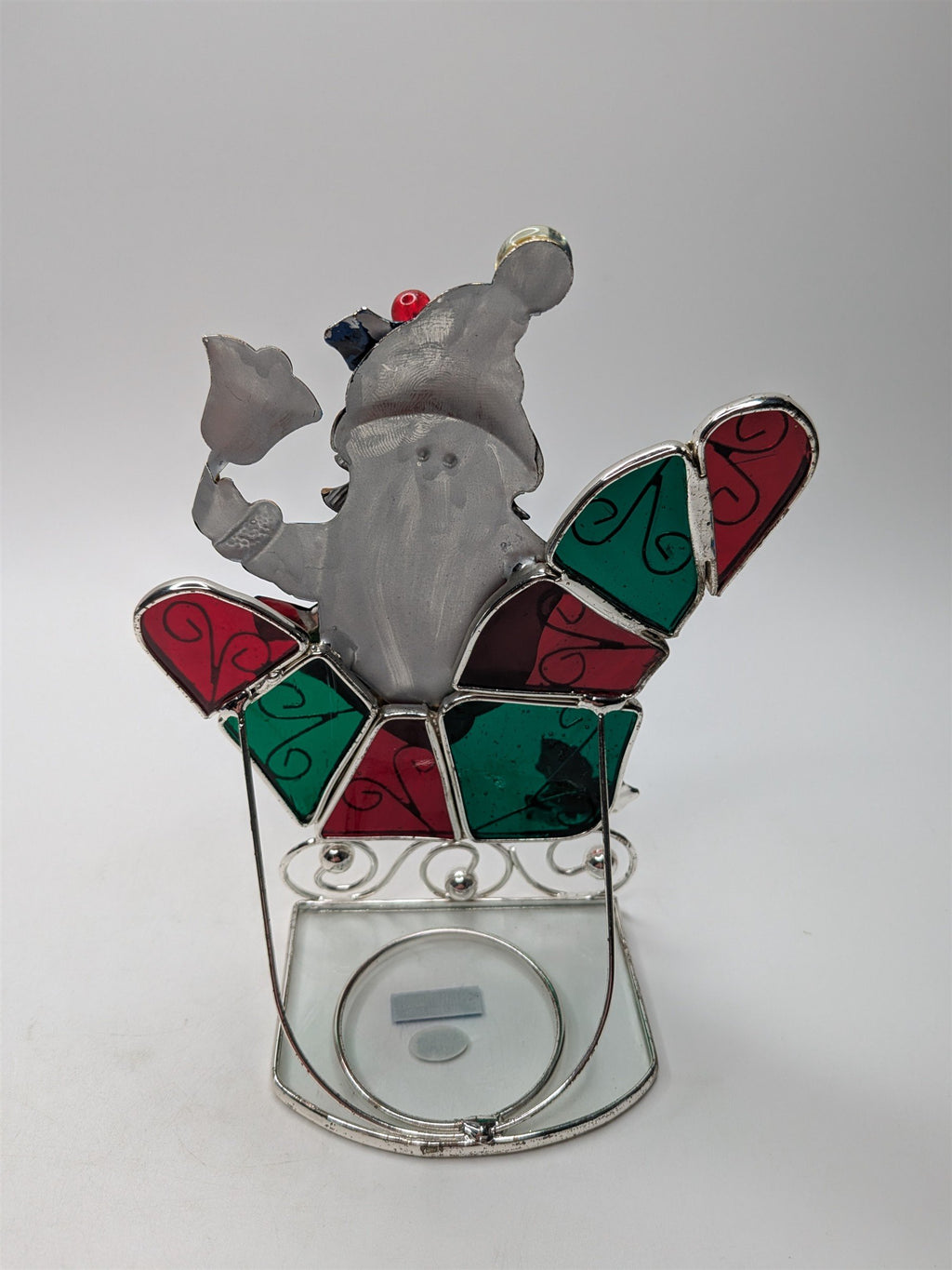 Vintage Stained Glass Santa & Sligh Bell Votive Candle Holder Intl Silver Co