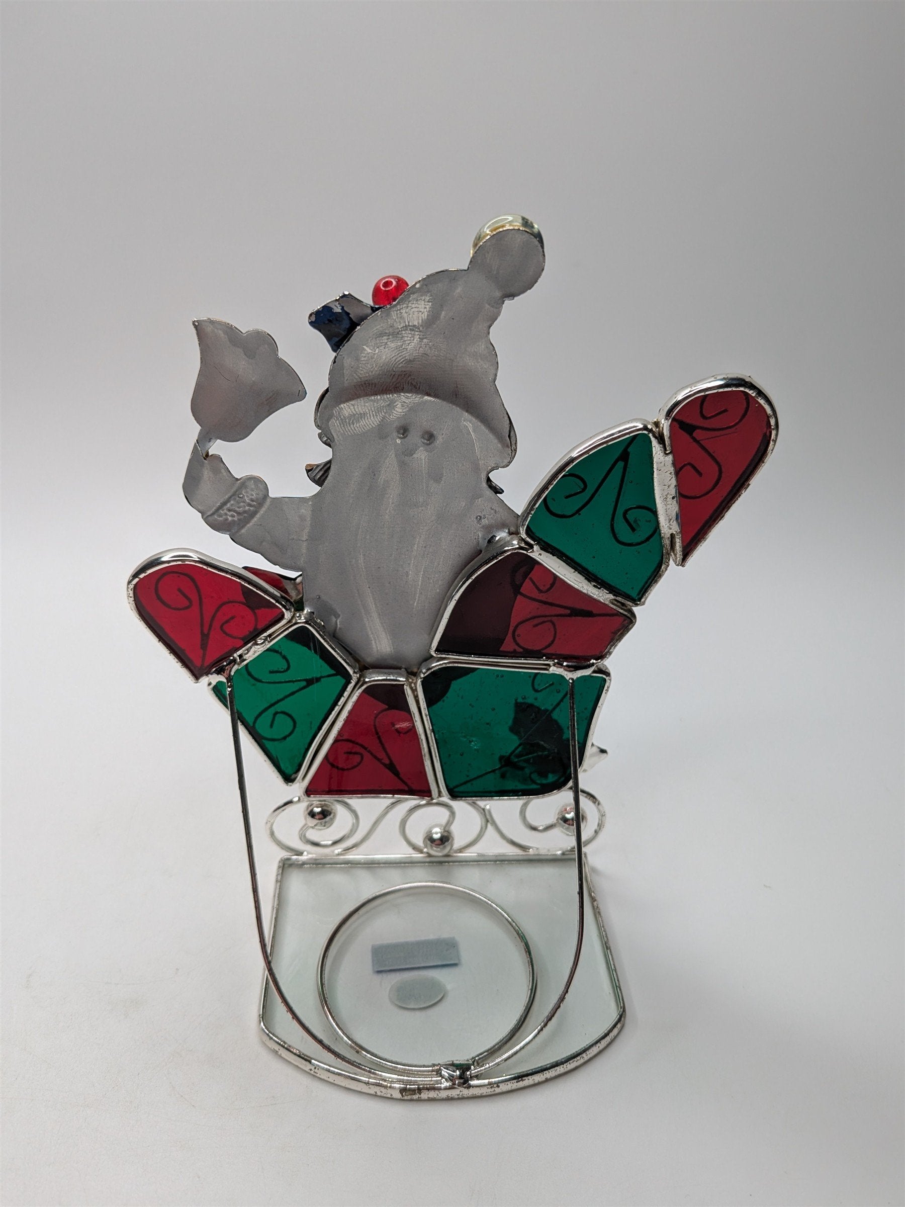 Vintage Stained Glass Santa & Sligh Bell Votive Candle Holder Intl Silver Co
