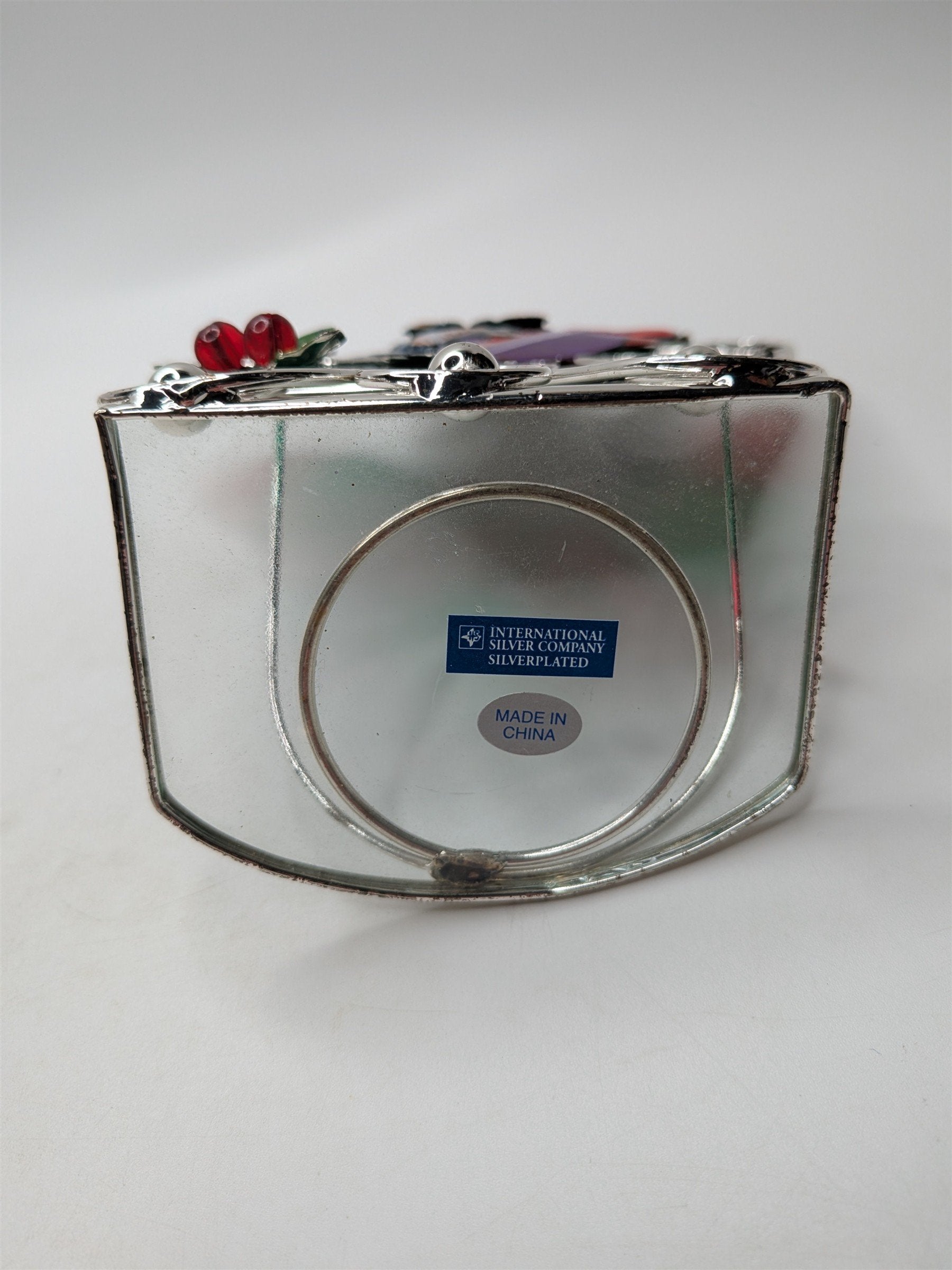 Vintage Stained Glass Santa & Sligh Bell Votive Candle Holder Intl Silver Co