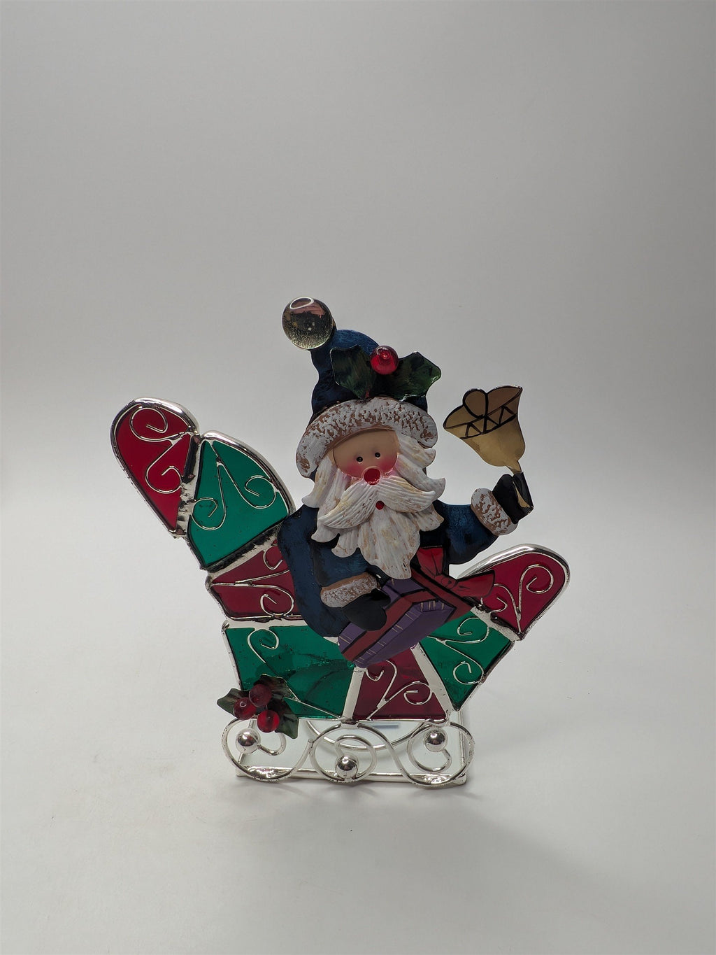 Vintage Stained Glass Santa & Sligh Bell Votive Candle Holder Intl Silver Co