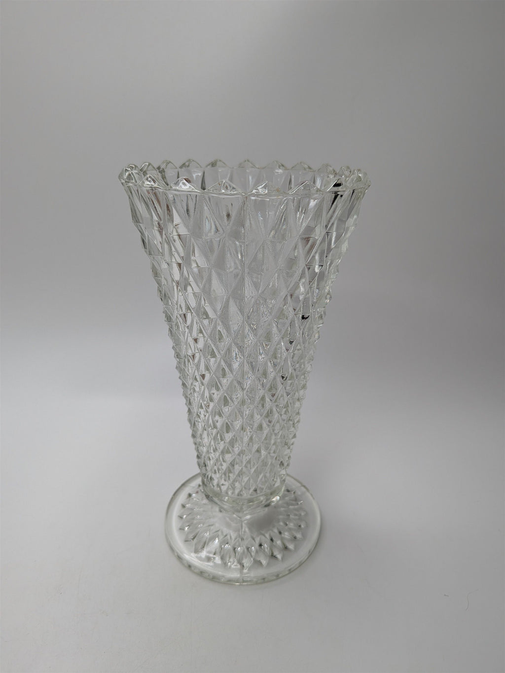 Vintage Indiana Glass Diamond Point Vase Clear 8" Footer Flower Table Vase