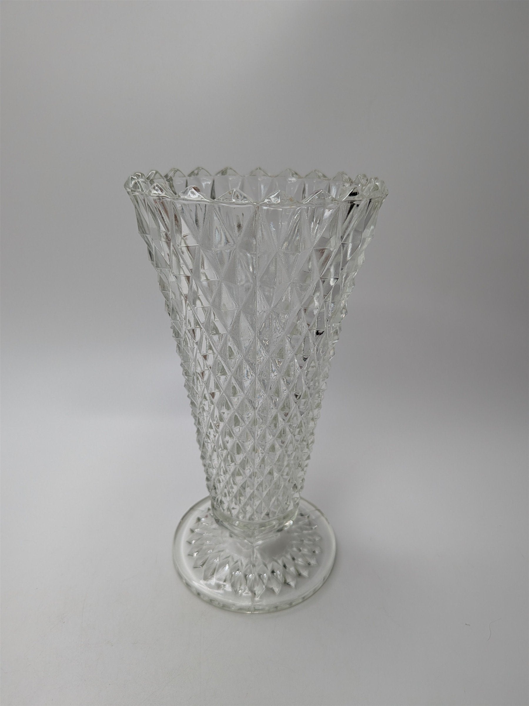 Vintage Indiana Glass Diamond Point Vase Clear 8" Footer Flower Table Vase