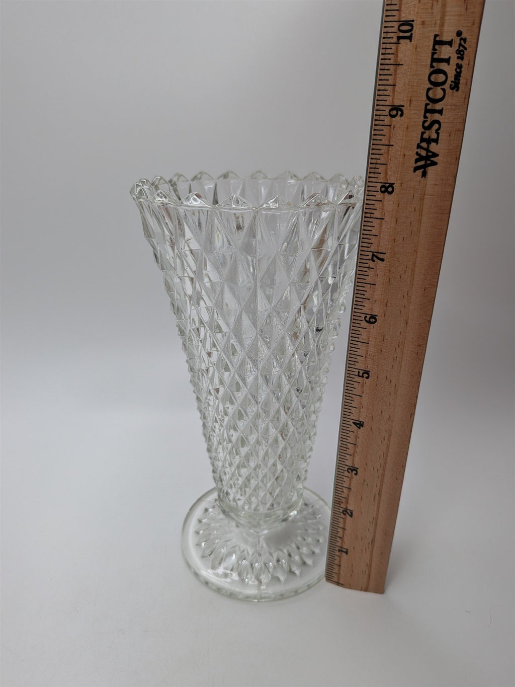 Vintage Indiana Glass Diamond Point Vase Clear 8" Footer Flower Table Vase