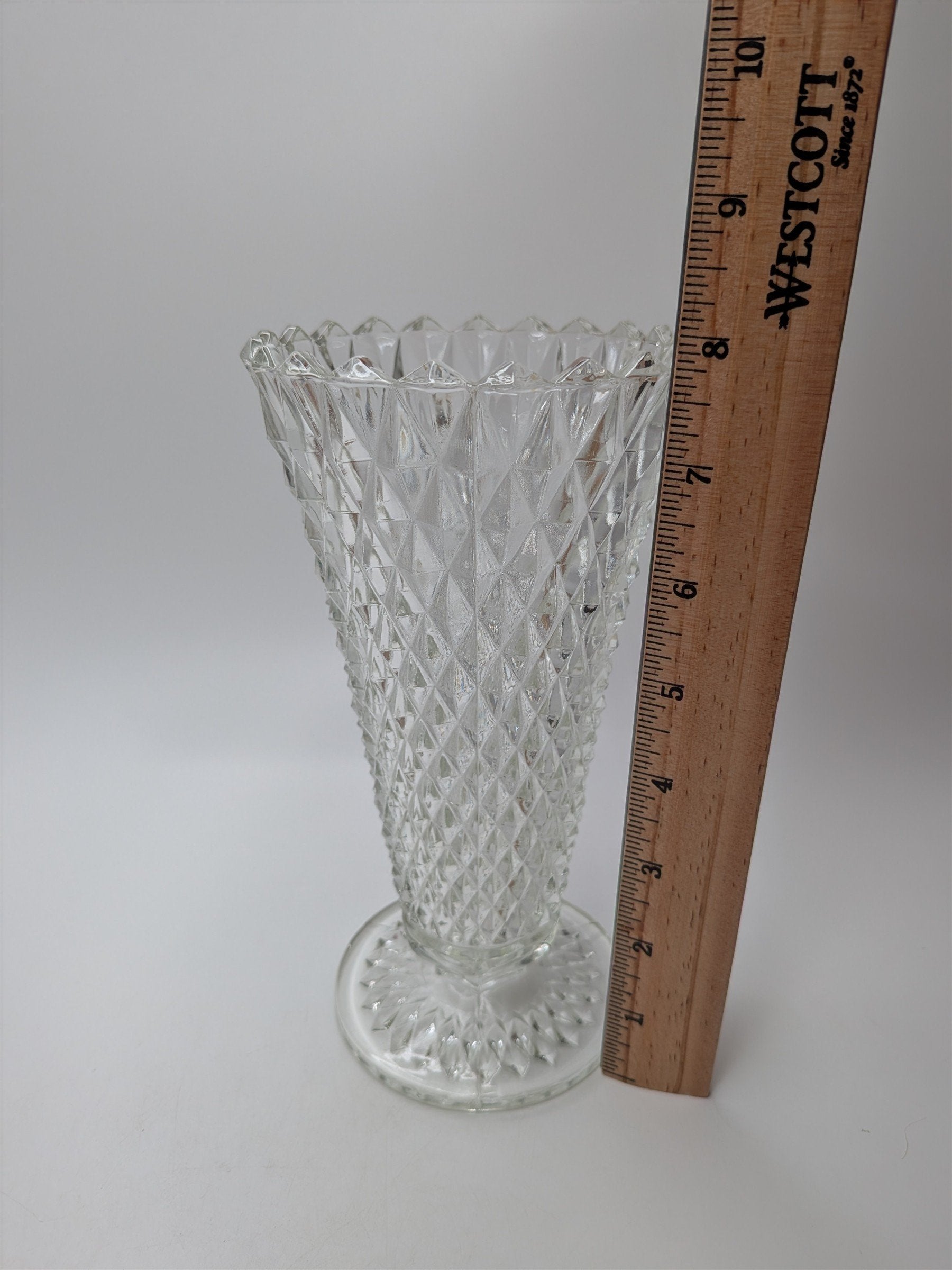Vintage Indiana Glass Diamond Point Vase Clear 8" Footer Flower Table Vase