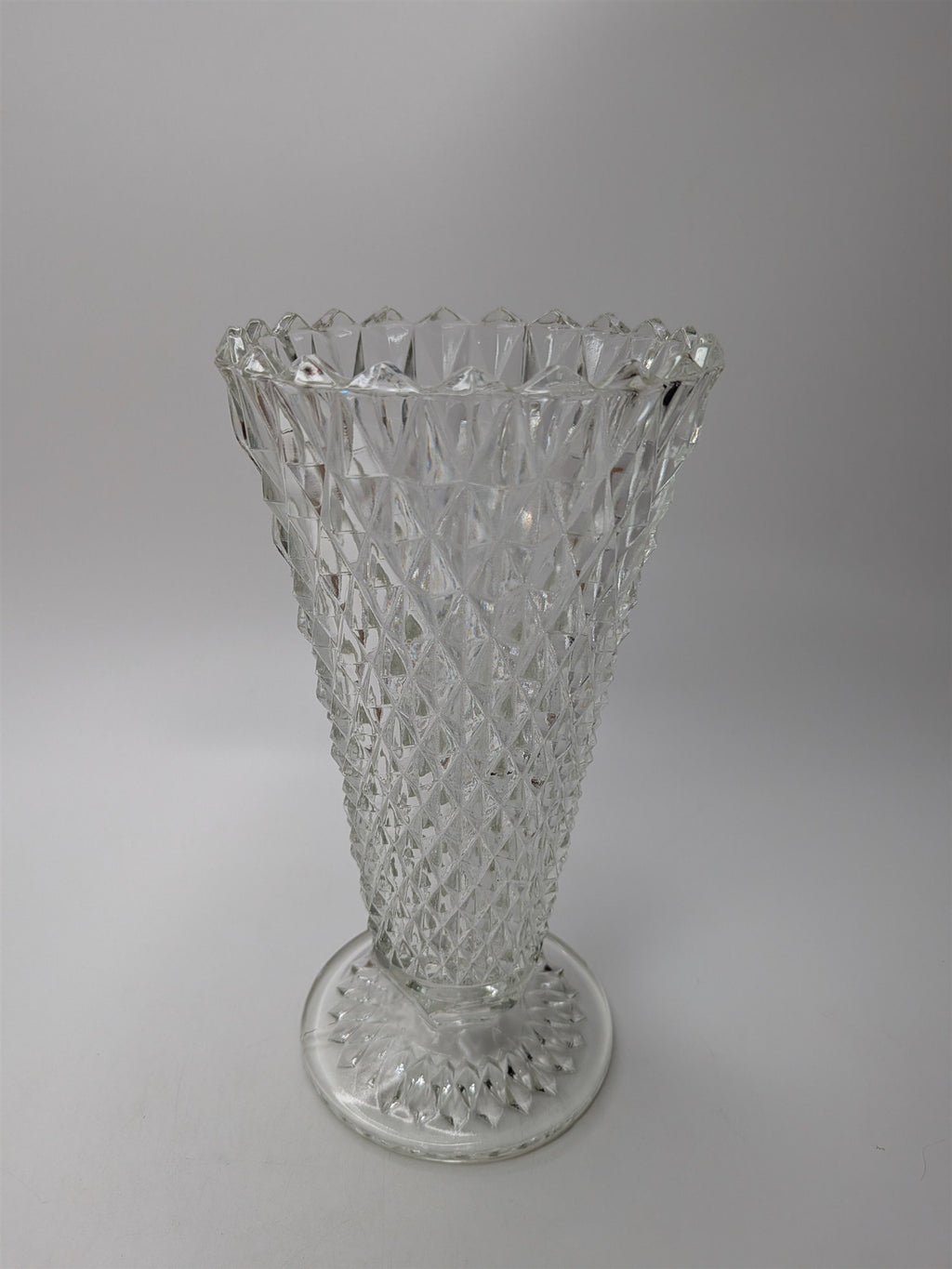 Vintage Indiana Glass Diamond Point Vase Clear 8" Footer Flower Table Vase