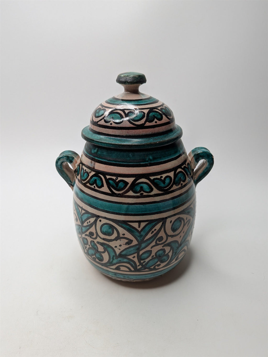 Arabic Pottery Handmade Covered Sugar Dish With Lid and Handles