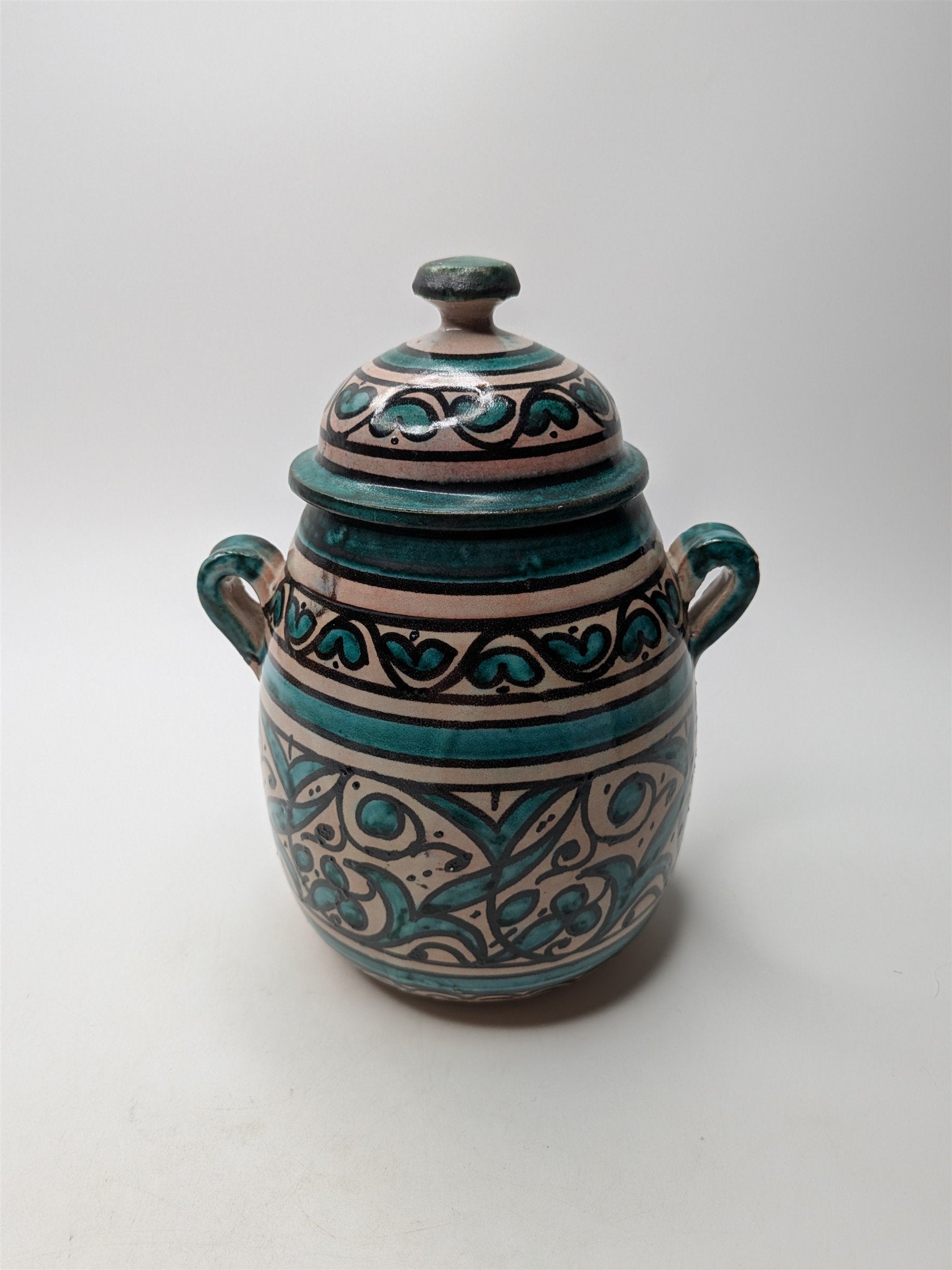 Arabic Pottery Handmade Covered Sugar Dish With Lid and Handles