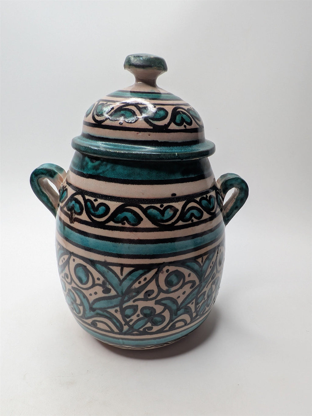 Arabic Pottery Handmade Covered Sugar Dish With Lid and Handles