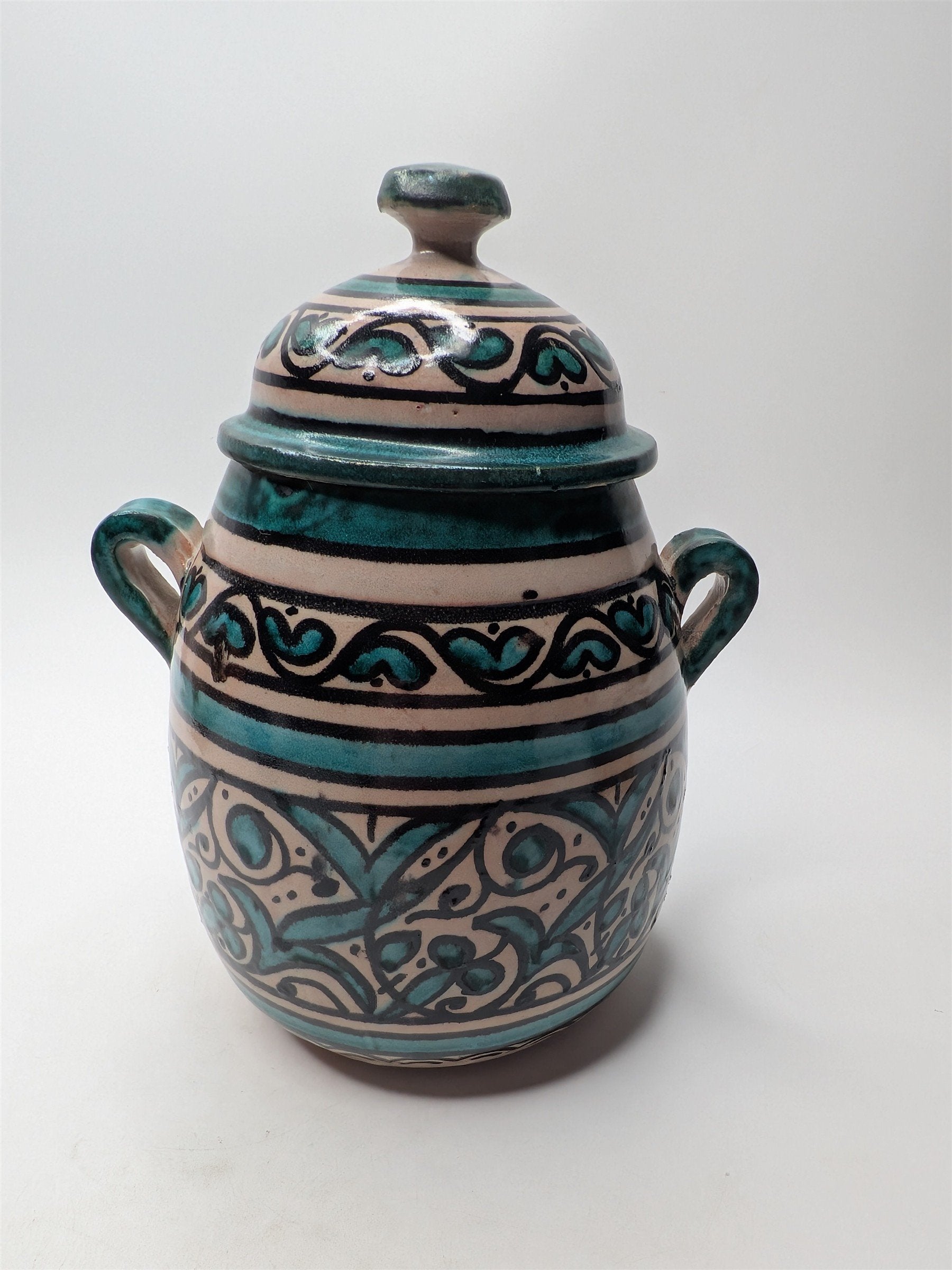 Arabic Pottery Handmade Covered Sugar Dish With Lid and Handles