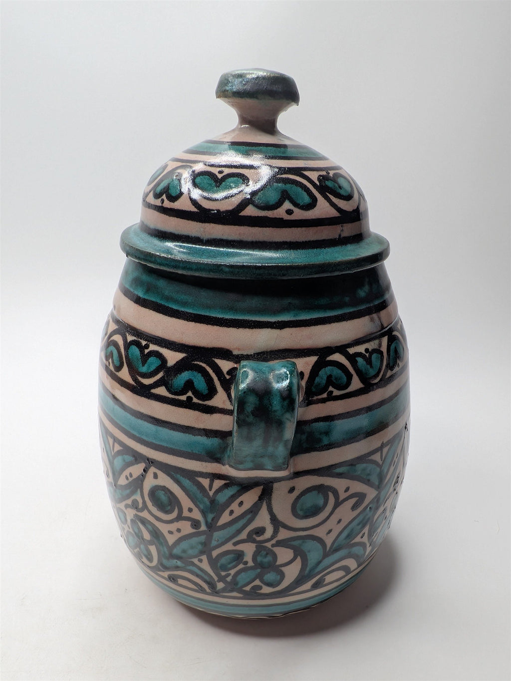 Arabic Pottery Handmade Covered Sugar Dish With Lid and Handles