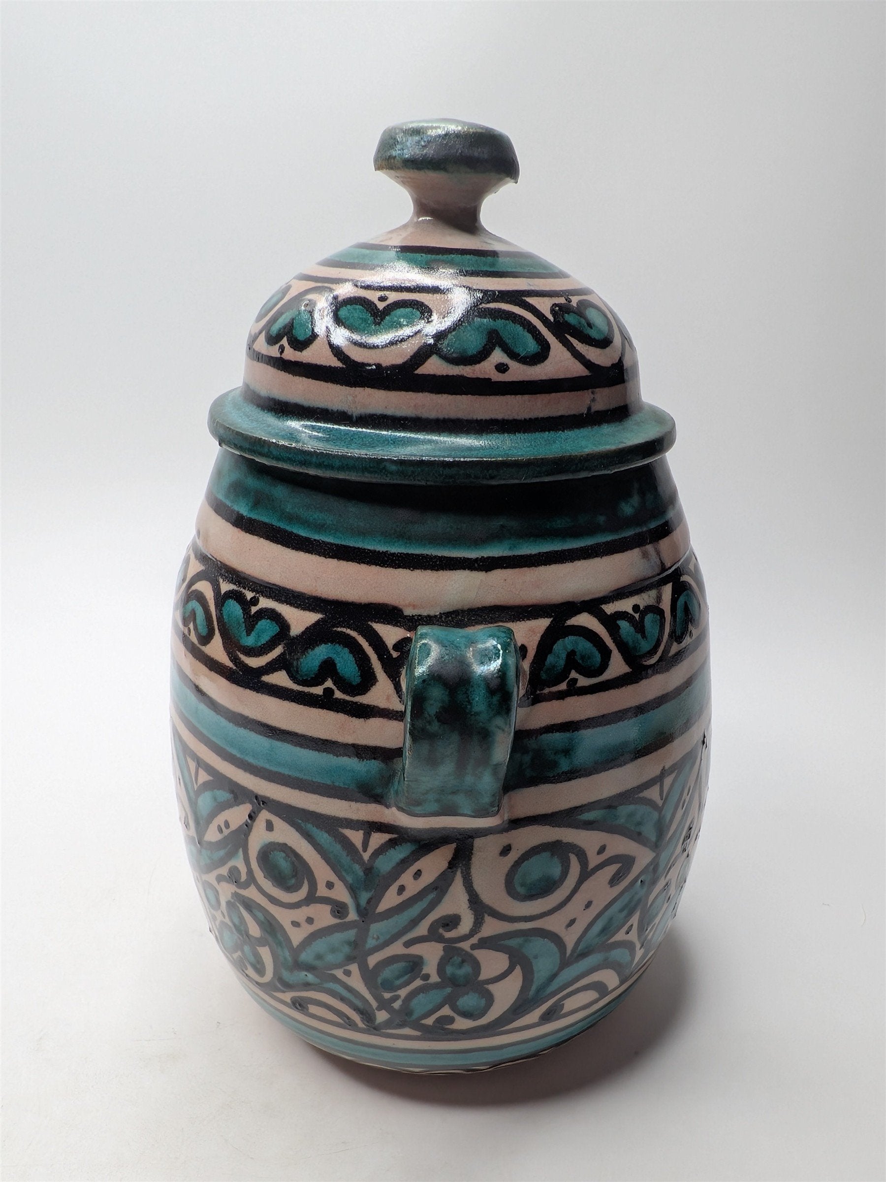 Arabic Pottery Handmade Covered Sugar Dish With Lid and Handles