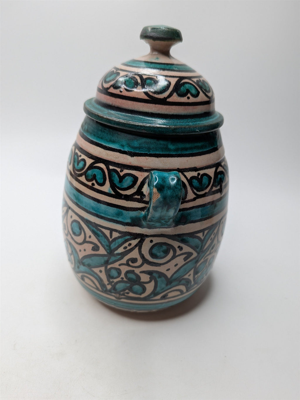 Arabic Pottery Handmade Covered Sugar Dish With Lid and Handles
