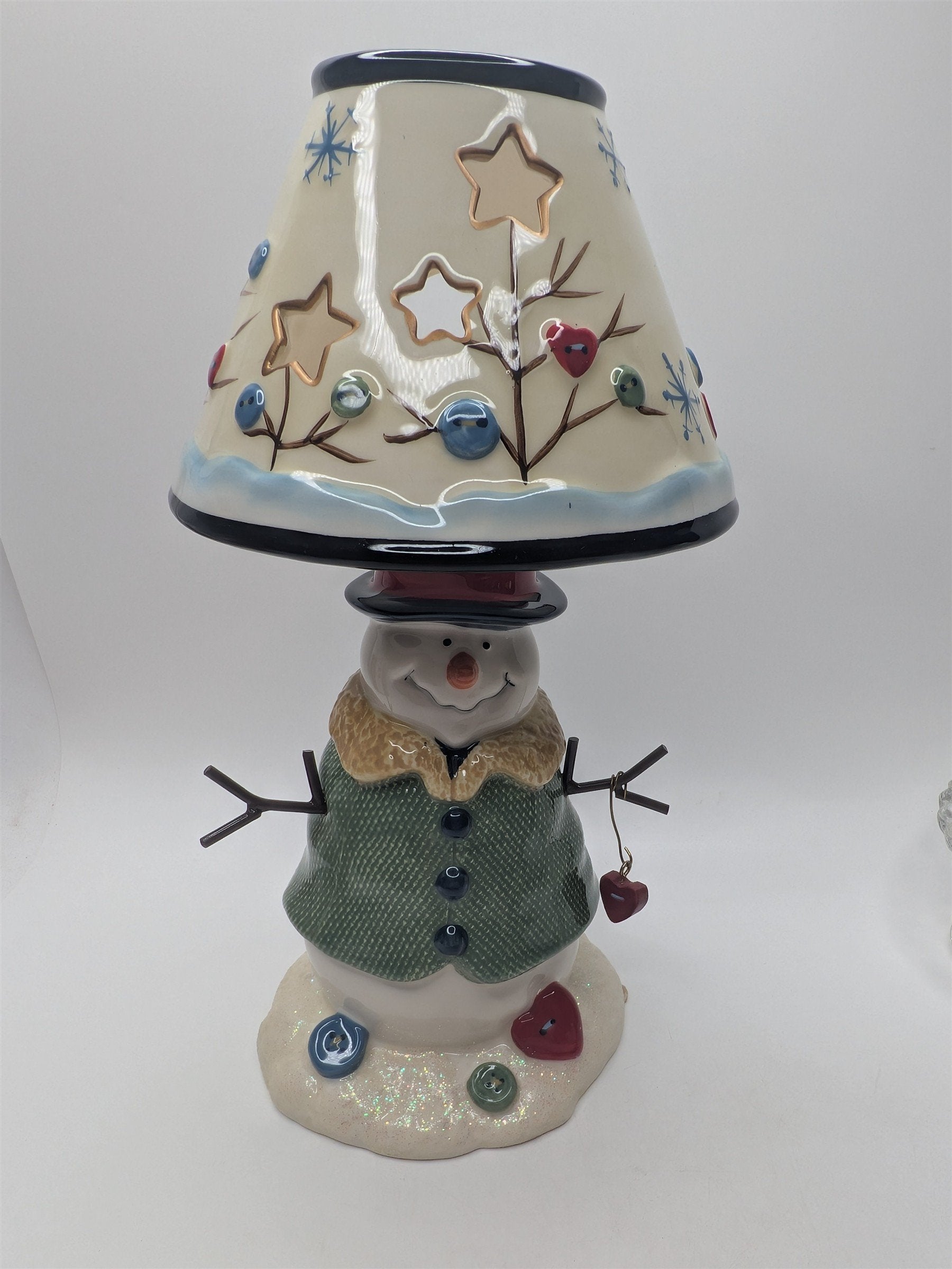 Vintage Snowman St. Nicholas Ceramic Buttons Hearts Tea Light Candle Holder Lamp