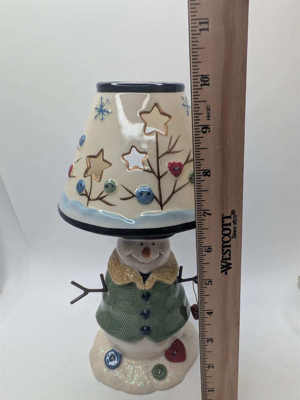 Vintage Snowman St. Nicholas Ceramic Buttons Hearts Tea Light Candle Holder Lamp