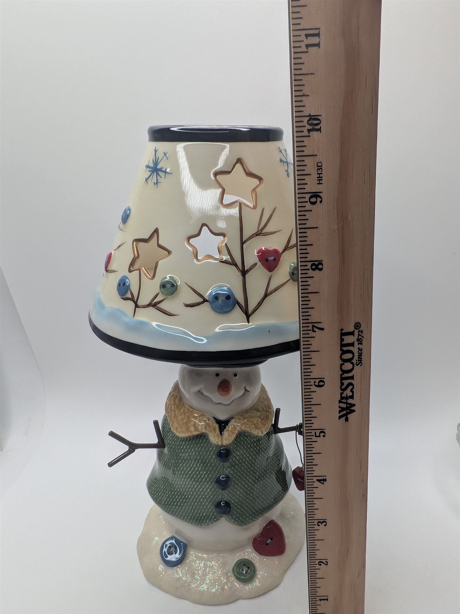 Vintage Snowman St. Nicholas Ceramic Buttons Hearts Tea Light Candle Holder Lamp