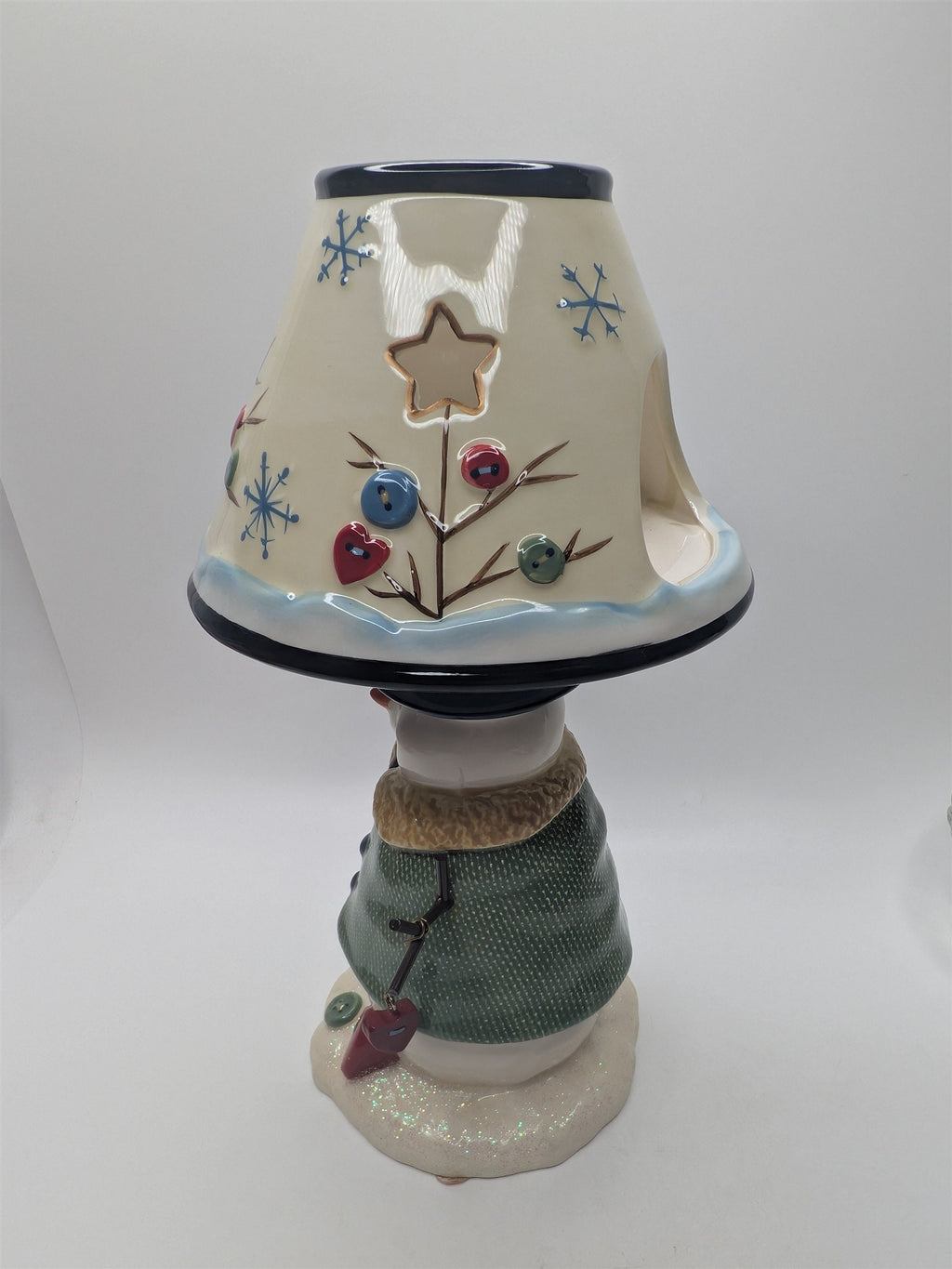 Vintage Snowman St. Nicholas Ceramic Buttons Hearts Tea Light Candle Holder Lamp