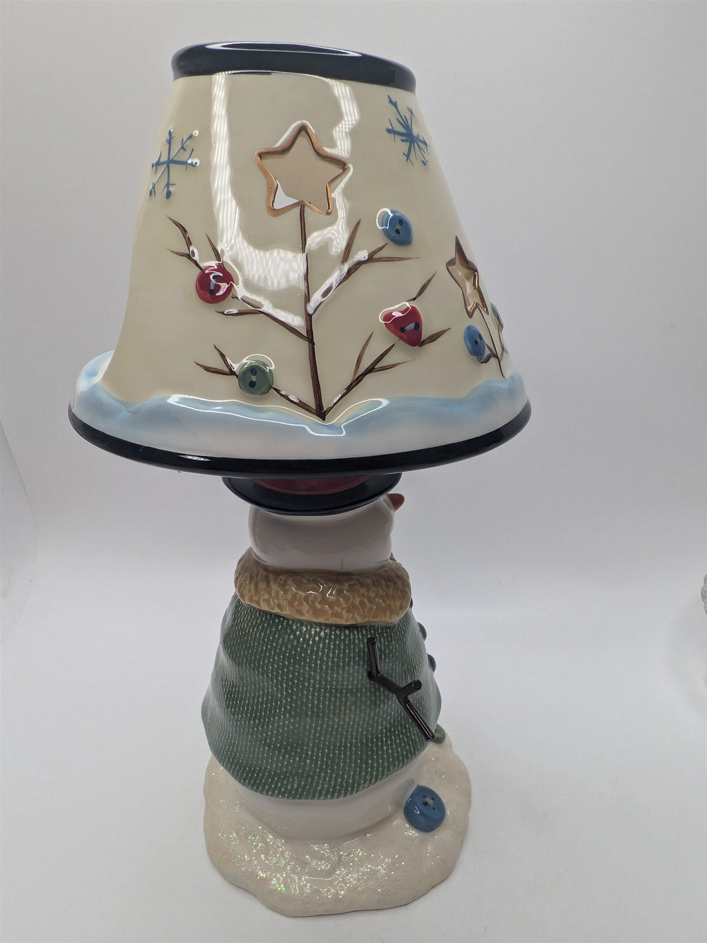 Vintage Snowman St. Nicholas Ceramic Buttons Hearts Tea Light Candle Holder Lamp