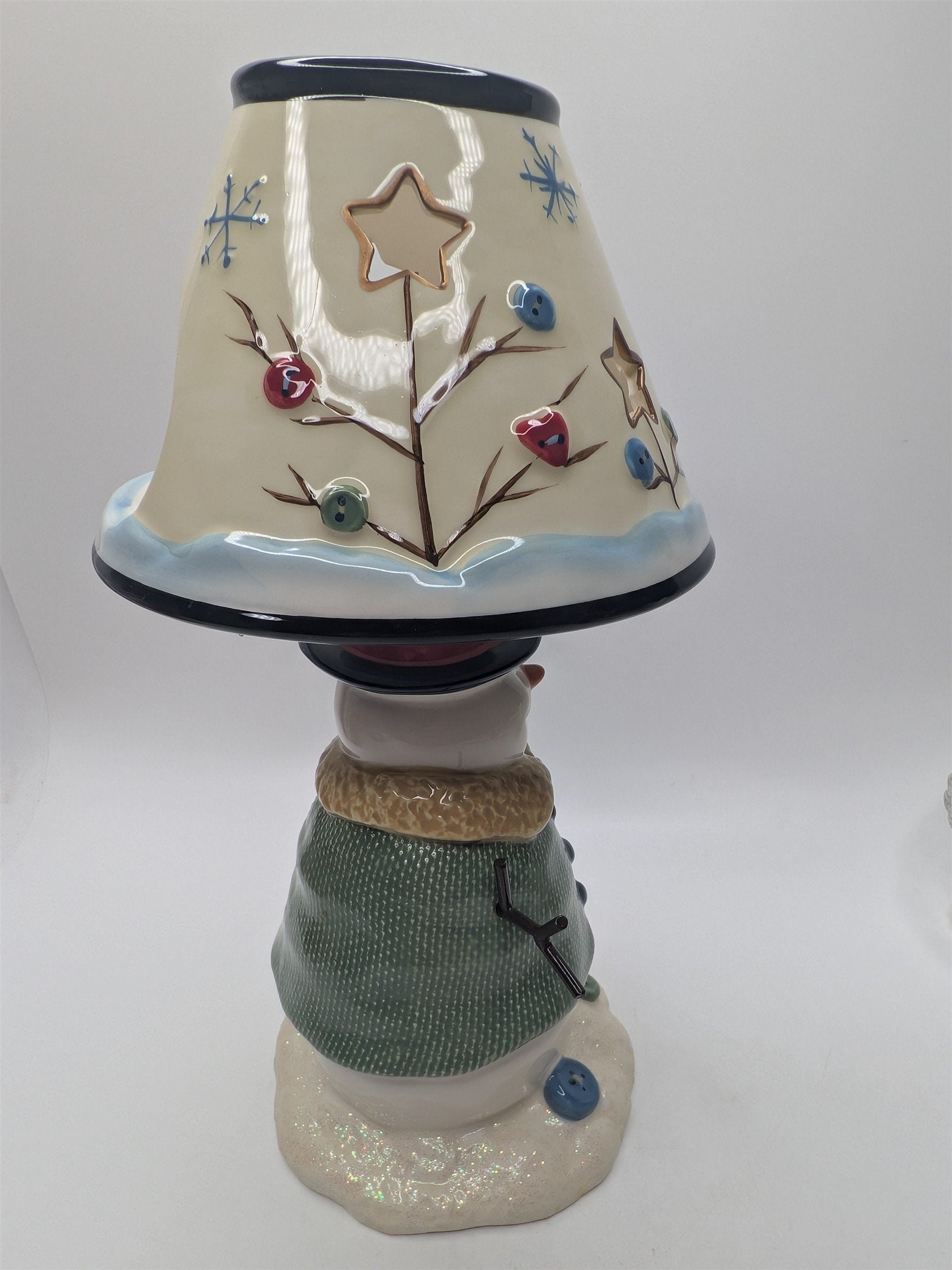 Vintage Snowman St. Nicholas Ceramic Buttons Hearts Tea Light Candle Holder Lamp