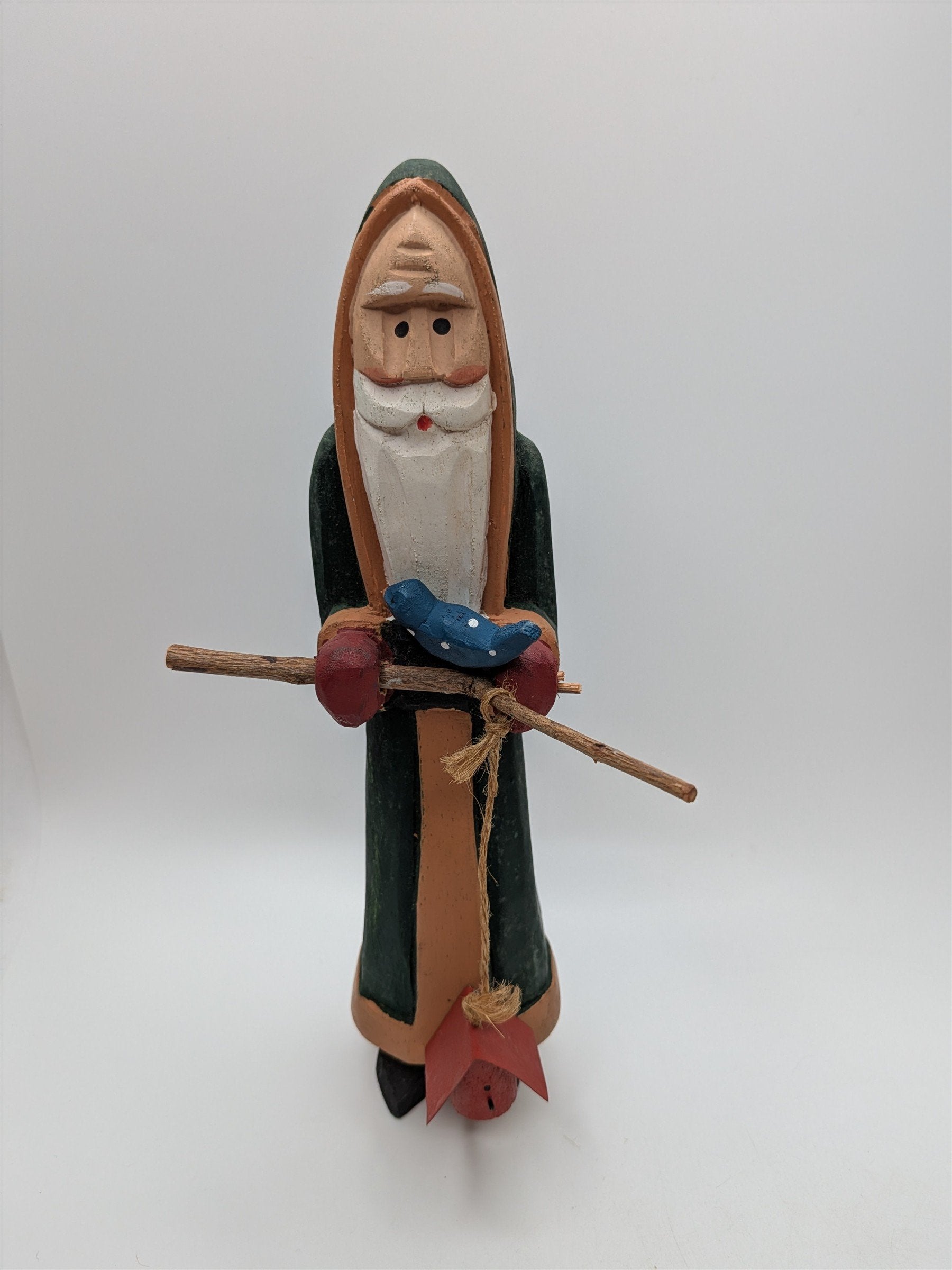 Hand Carved Wooden Woodland Santa Claus Old World Figurine /w Bird & Twigs