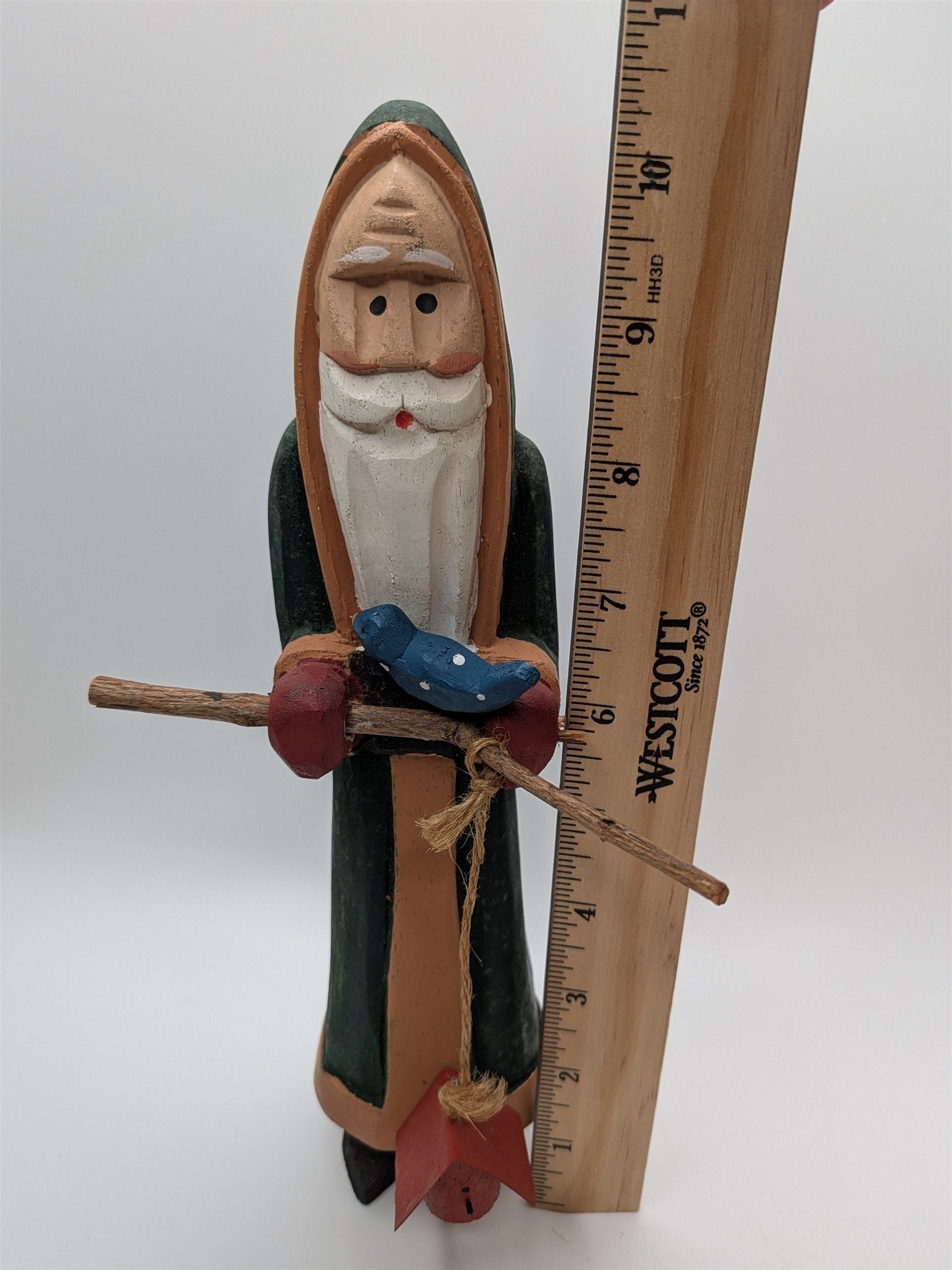 Hand Carved Wooden Woodland Santa Claus Old World Figurine /w Bird & Twigs