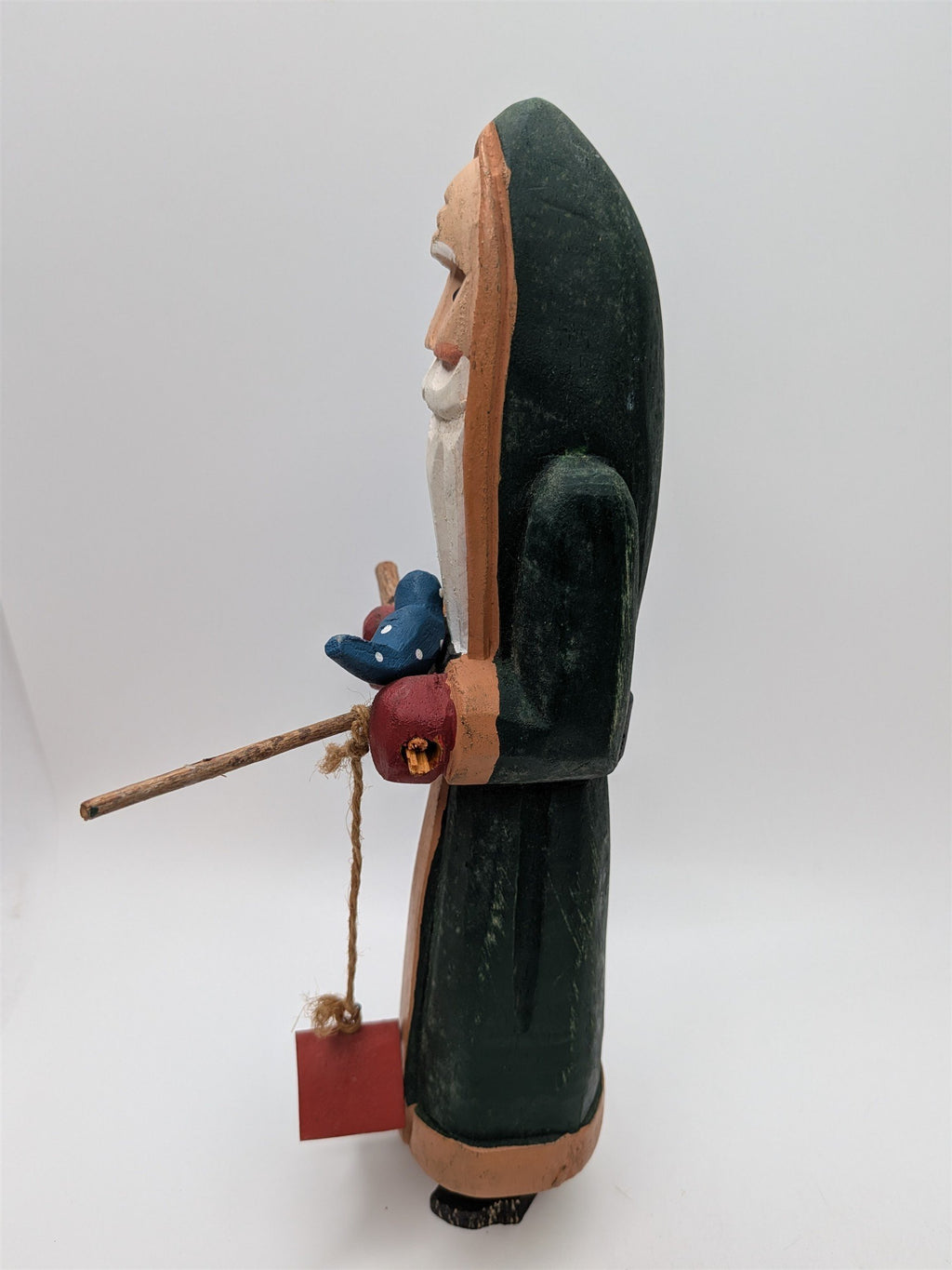 Hand Carved Wooden Woodland Santa Claus Old World Figurine /w Bird & Twigs